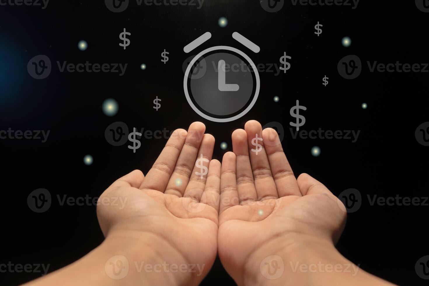 Hands with virtual clock and money for business time management. Time is money. Time management concept. photo