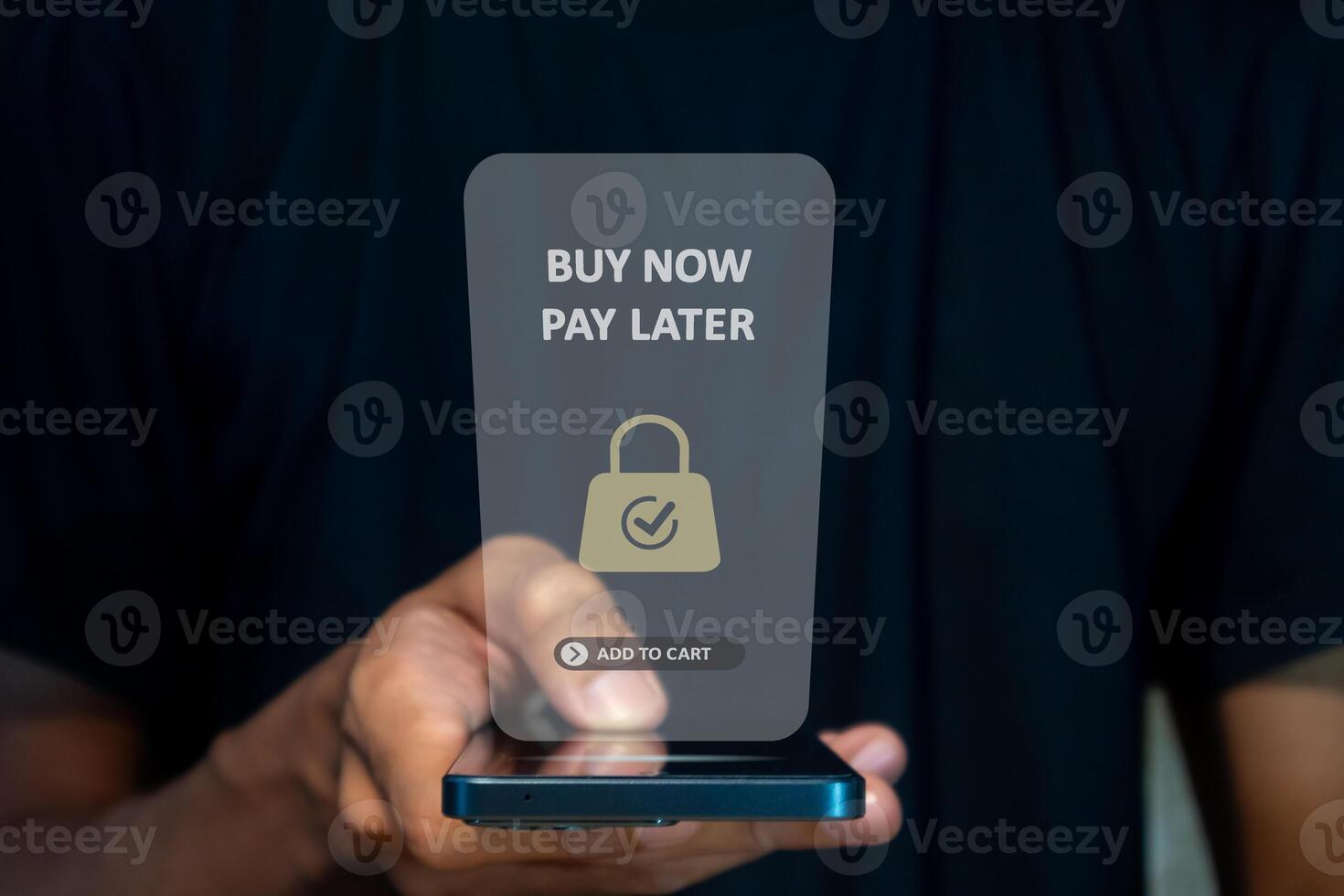 A man using a smart phone for online shopping with pay later. Buy now pay later online shopping concept. photo