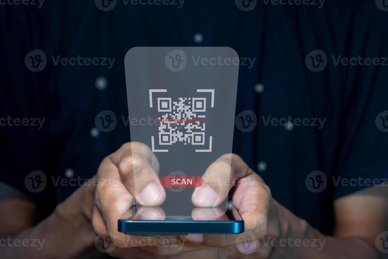 Male hand using a smart phone to scan QR code. QR code payment, registration, E-wallet or cashless technology concept. photo
