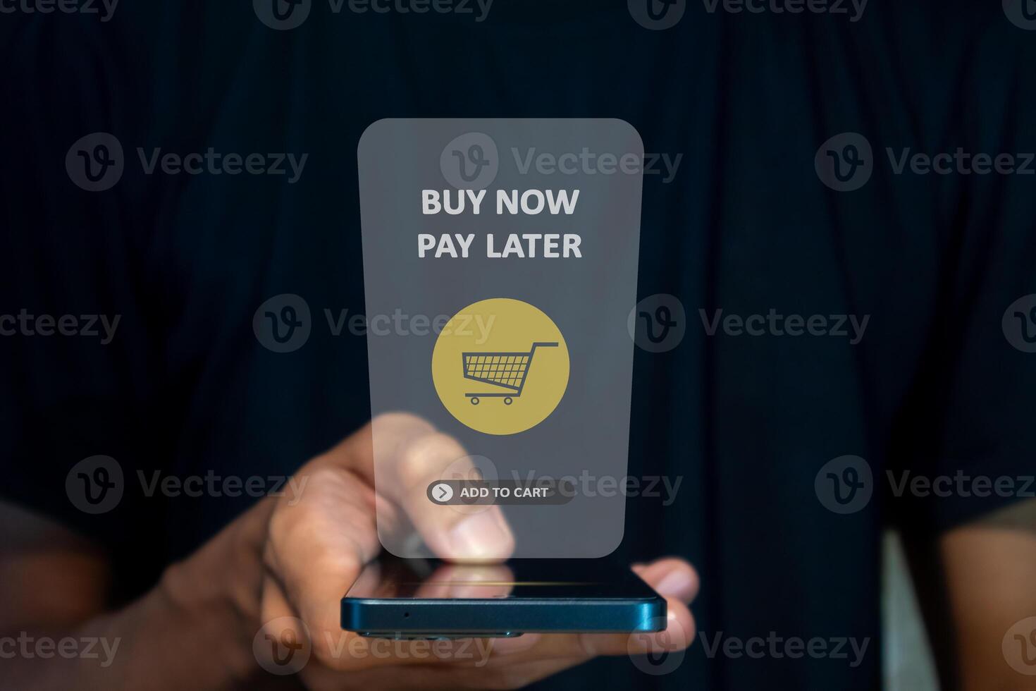 A man using a smart phone for online shopping with pay later. Buy now pay later online shopping concept. photo