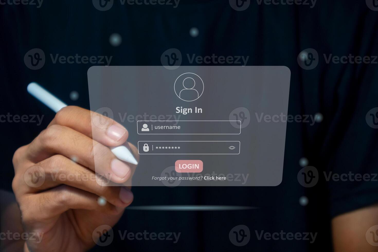 Hand holding a pen to login username and password on virtual screen. User sign registration page concept. photo
