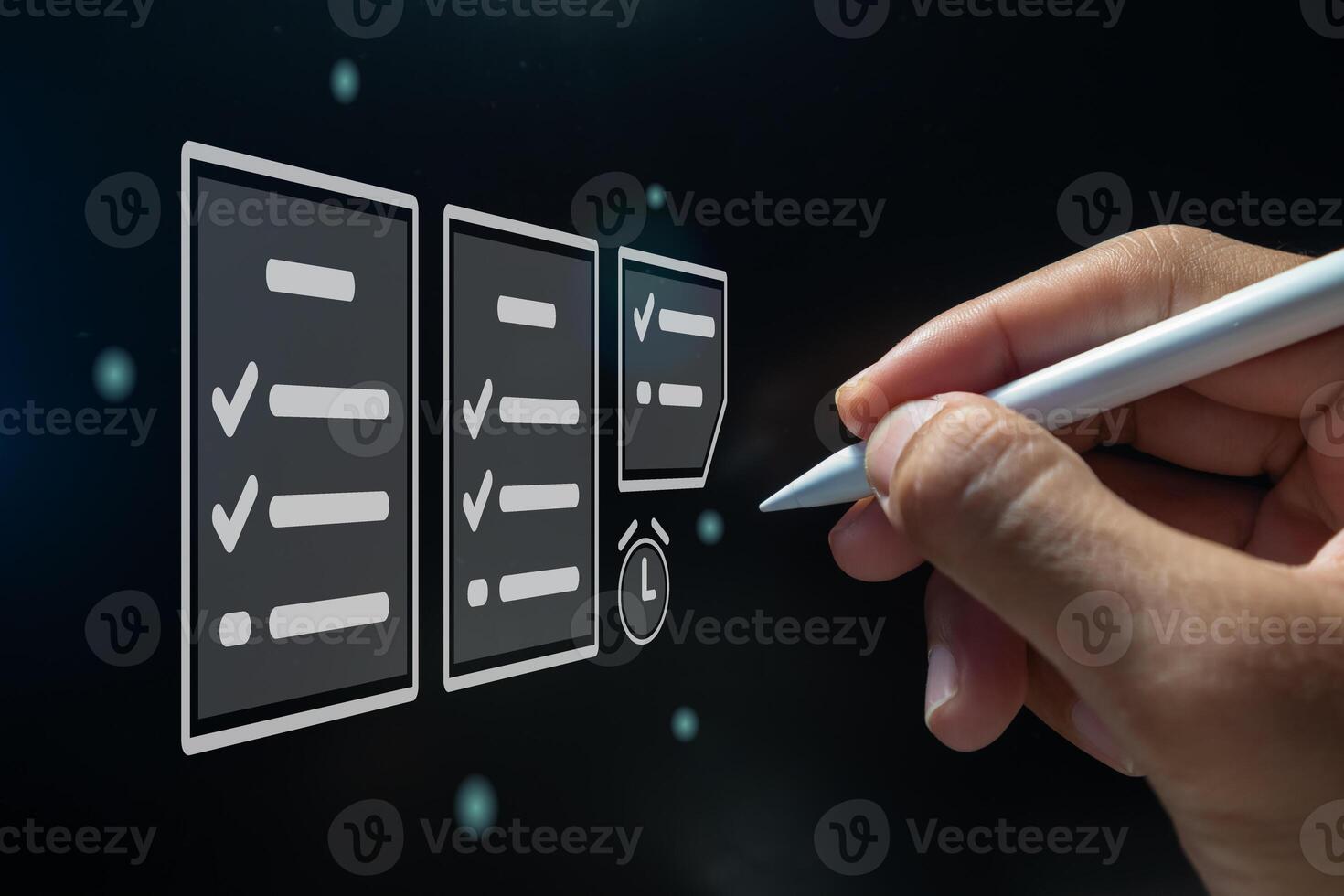 Hand holding a pen with virtual screen of document checklist for compliance to requirements. Performance monitoring concept. photo