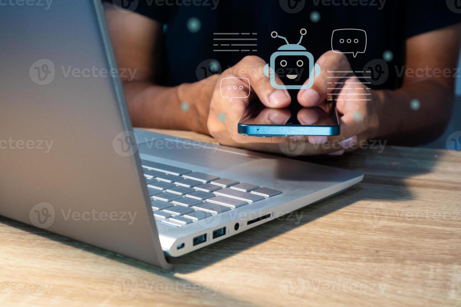 A man using Artificial Intelligence chatbot in a smart phone. Text to image, speech, with command prompt for generates something. photo