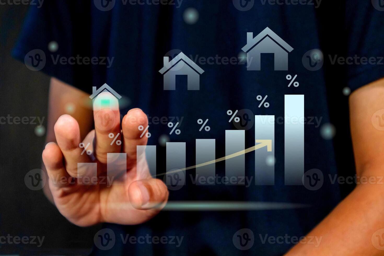 Man touch the virtual screen of house price rising up or real estate property growth concept photo
