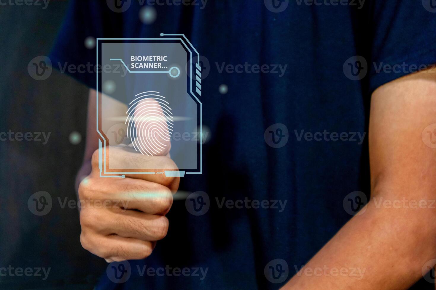 Man scanning fingerprint on virtual screen. Fingerprint identification to access personal data. photo