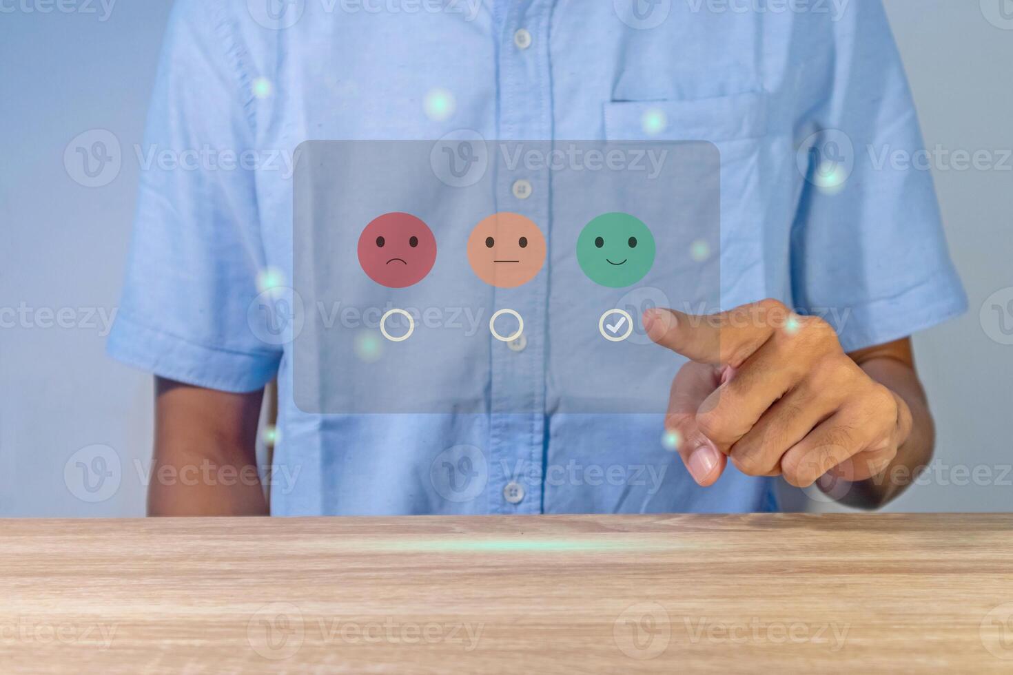 Man gives rating to service experience on virtual screen. Customer review satisfaction feedback concept. photo