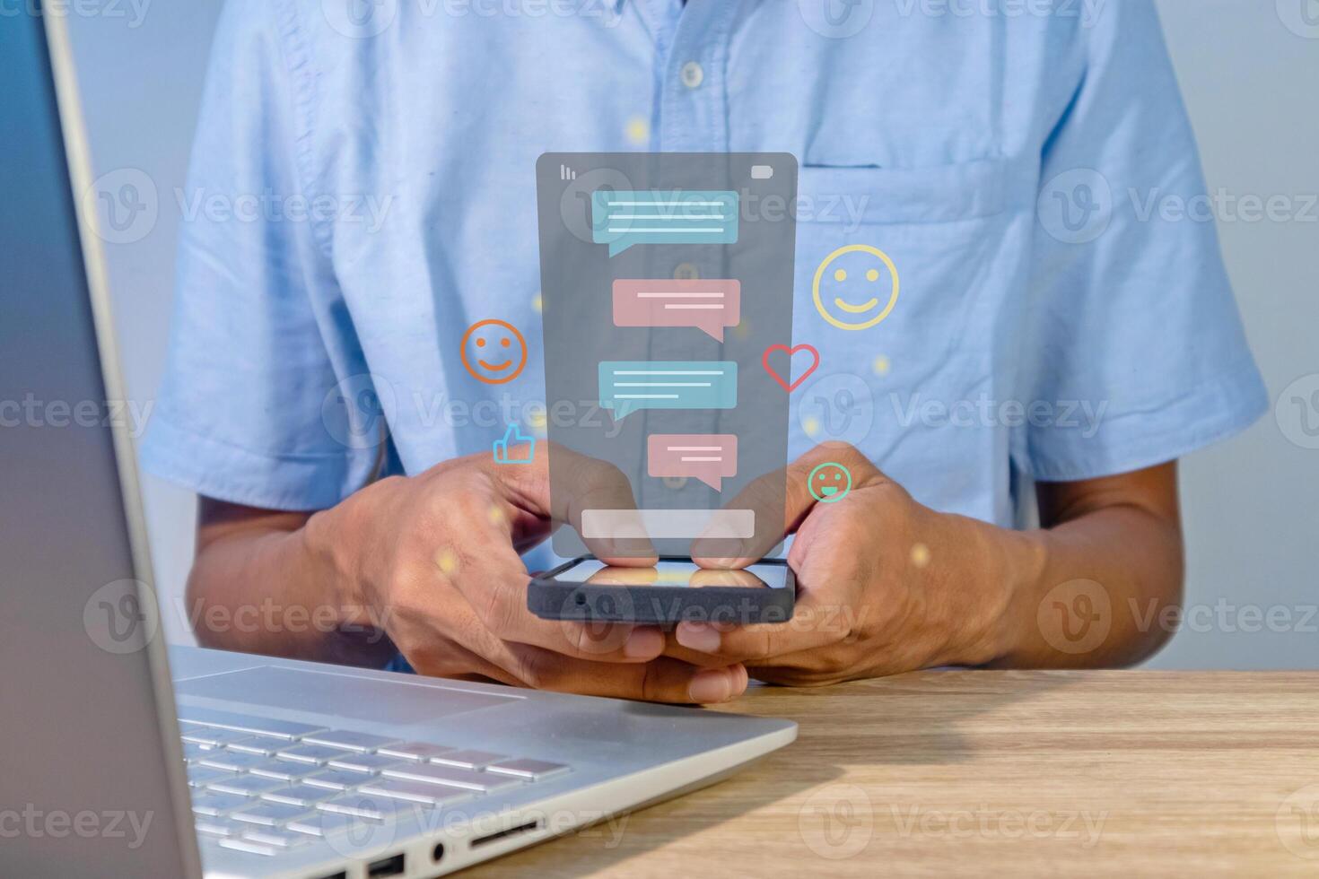 Man types a message on a smartphone. Chatting, communication, dialog, conversation, and virtual relationship concept. photo