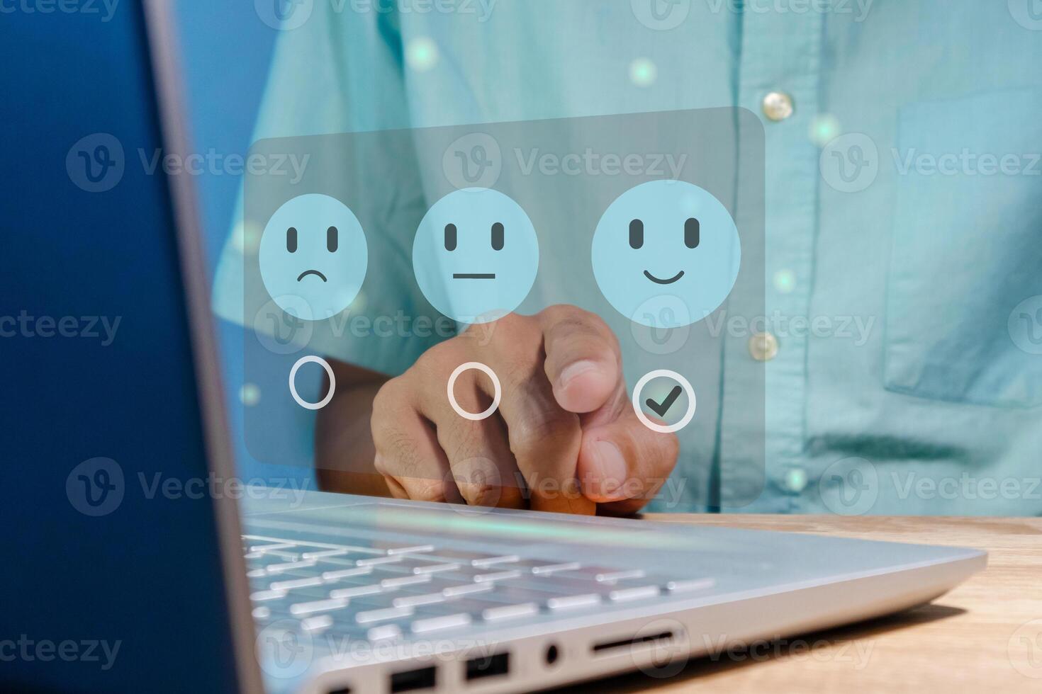 Man gives rating to service experience on virtual screen. Customer review satisfaction feedback concept. photo
