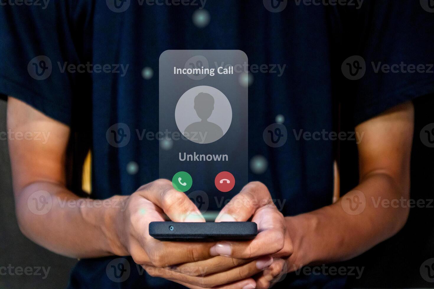Man answering an incoming call from unknown number. Spammer incoming call concept. photo
