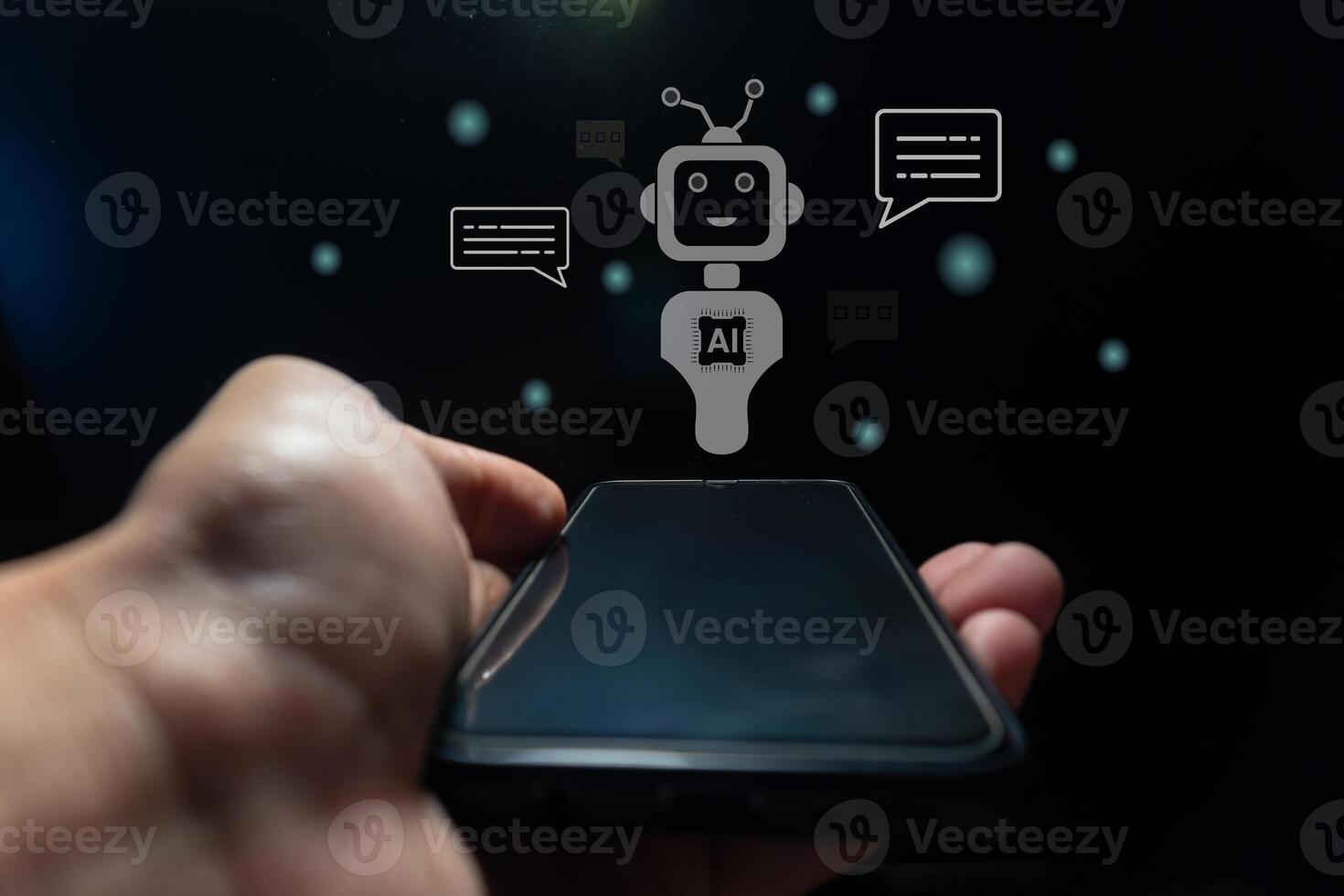 Hand holding a smart phone with virtual screen of artificial intelligence robot or chatbot technology concept. photo
