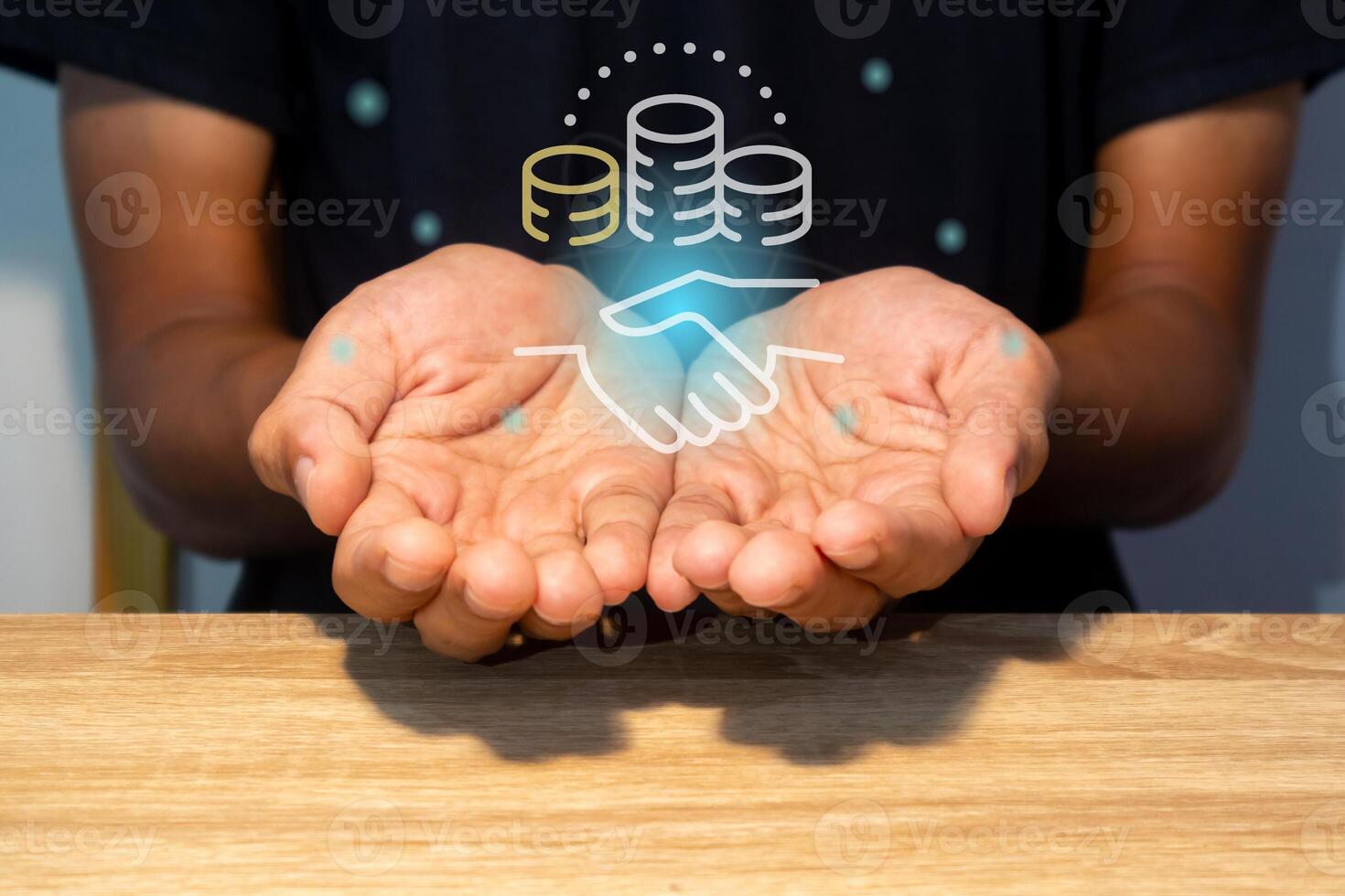 A man with virtual handshake icon. Business partnership, customer relationship, and teamwork concept. photo