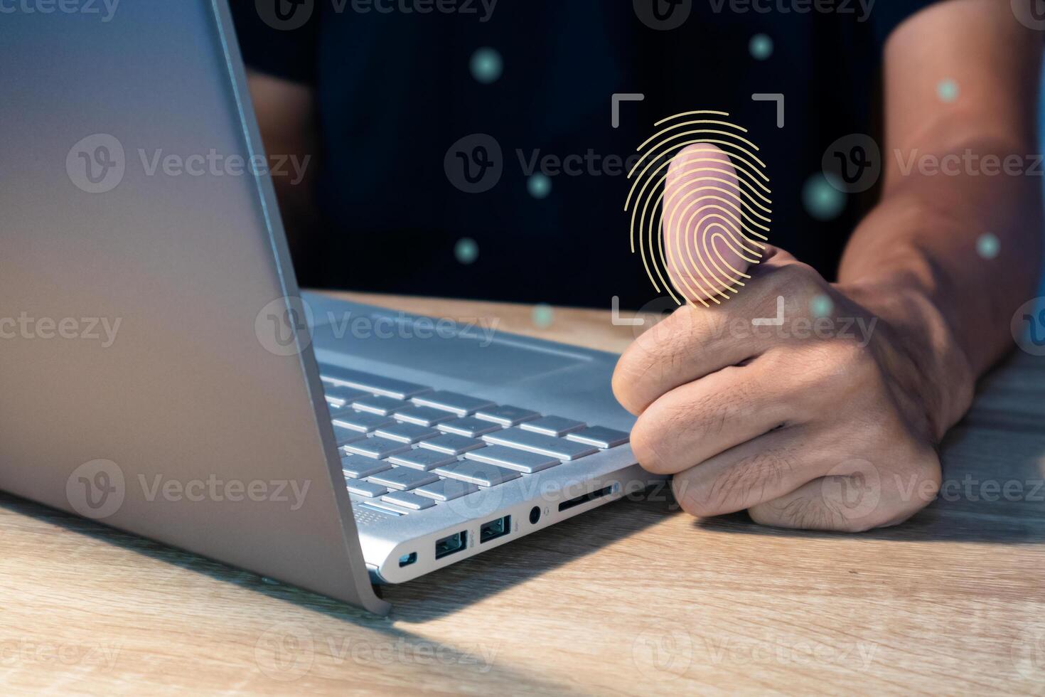 A man login with fingerprint scanning technology. Biometric authentication, cybersecurity and fingerprint password concept. photo