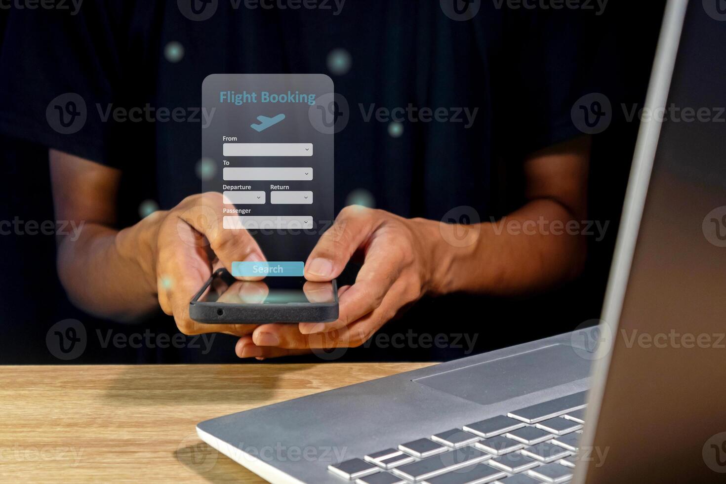 Man holding a smart phone to book a flight ticket. Online ticket booking concept. photo
