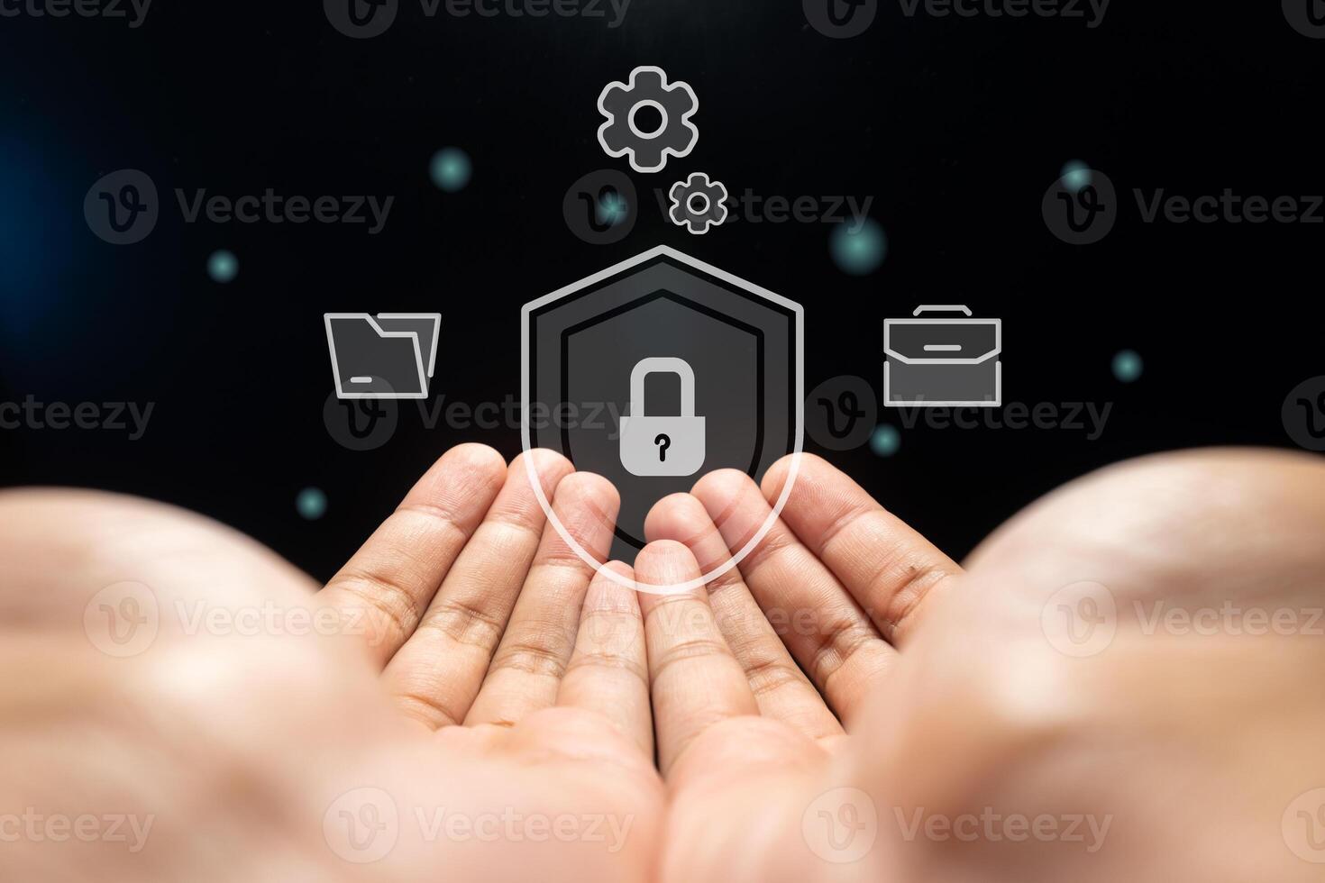 Hands with virtual screen of cyber security technology for protecting personal data and secure internet access concept. photo