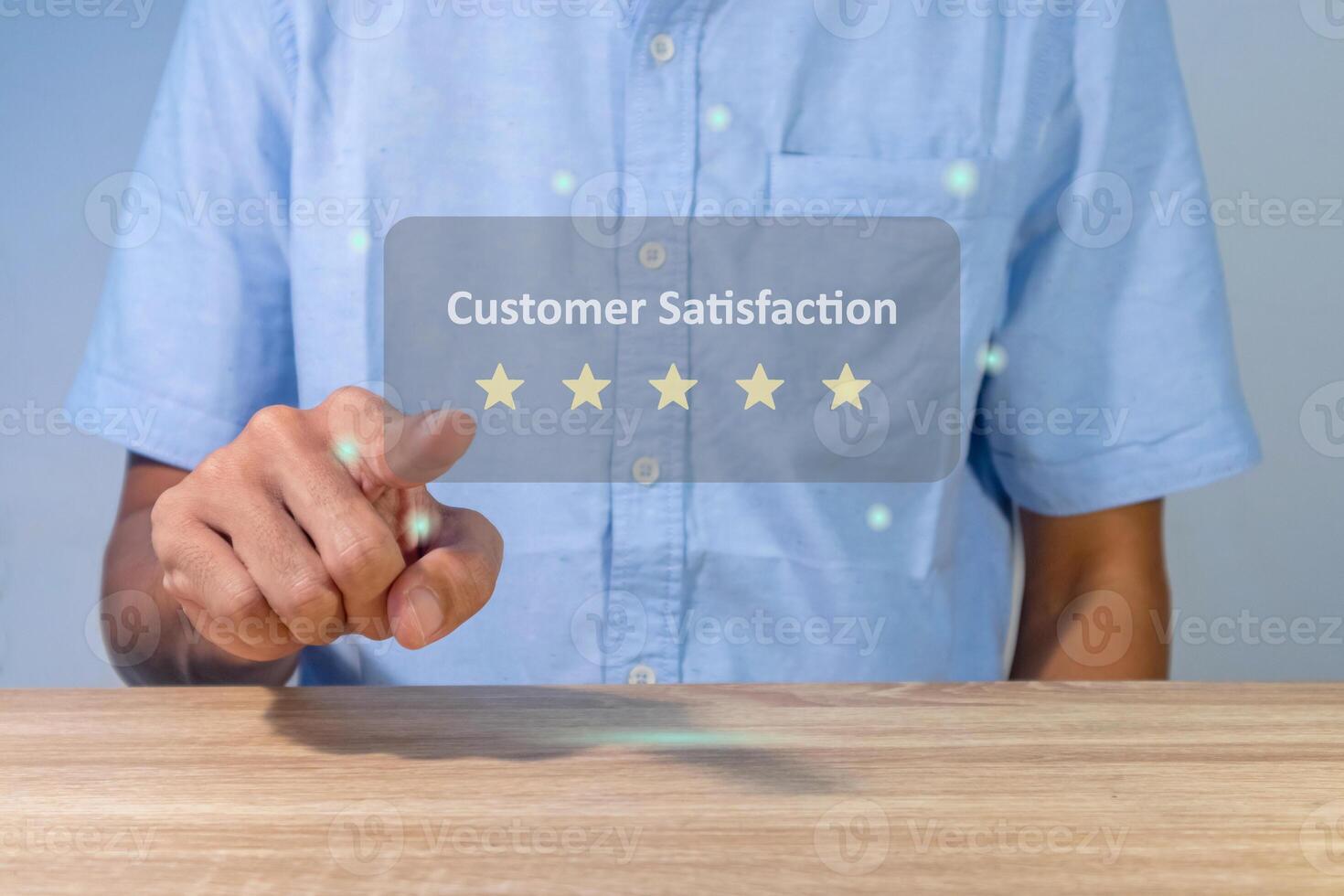 A man gives rating to service experience on online application. Customer review satisfaction feedback concept. photo