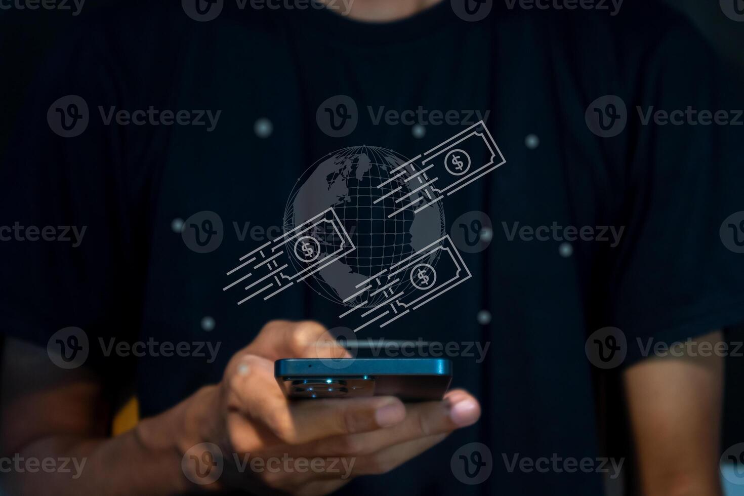 A man using smart phone to conduct online mobile banking, financial transaction or online payment. Money transfer via smart phone concept. photo