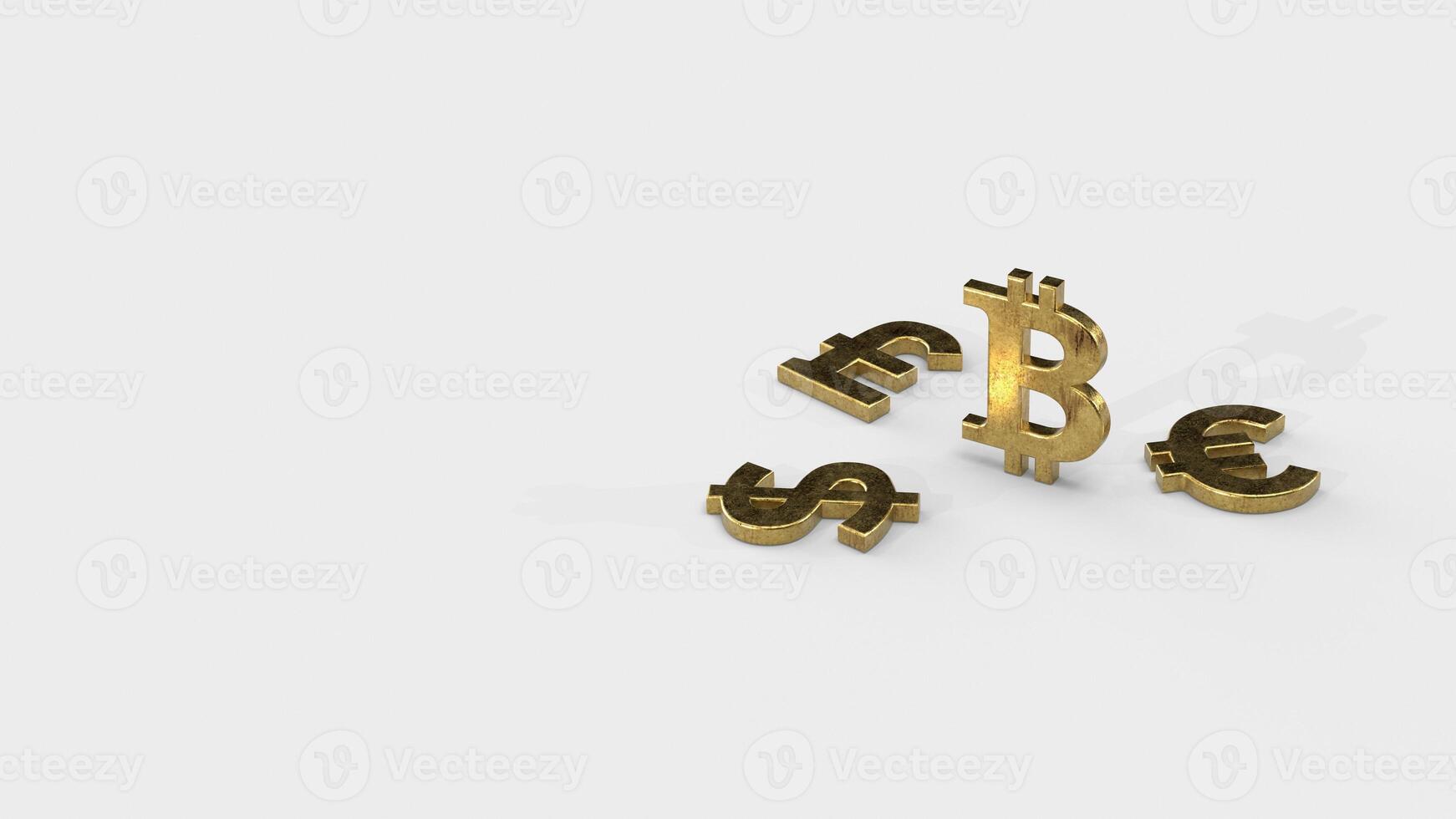 Golden 3D render or illustration of the bitcoin among lying three main currencies over white background with copy space. Concept of forex trading. Banner photo