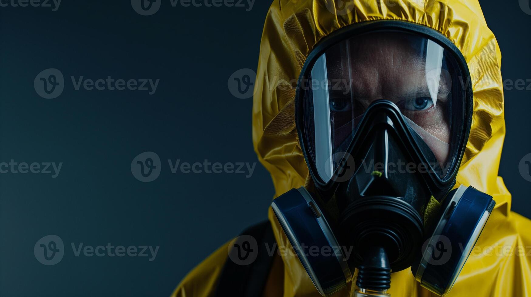 Man in a chemical protective suit and gas mask on a dark background photo