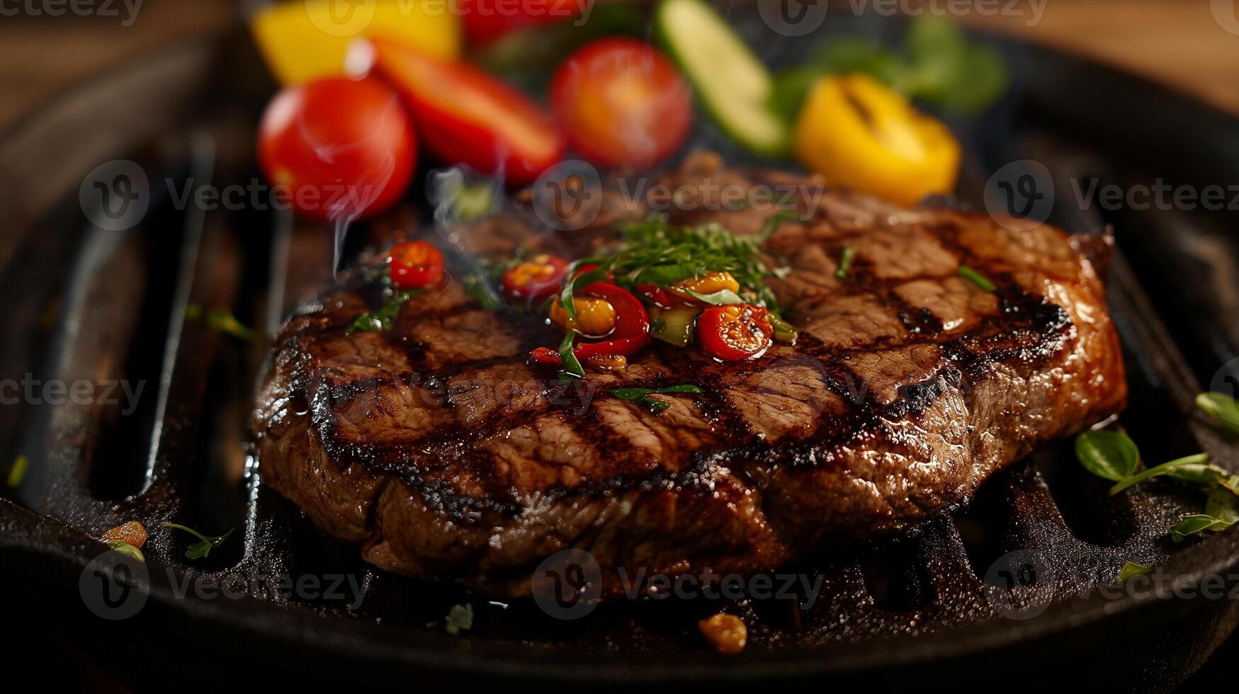 Grilled steak with vegetables on a grill pan, close-up photo