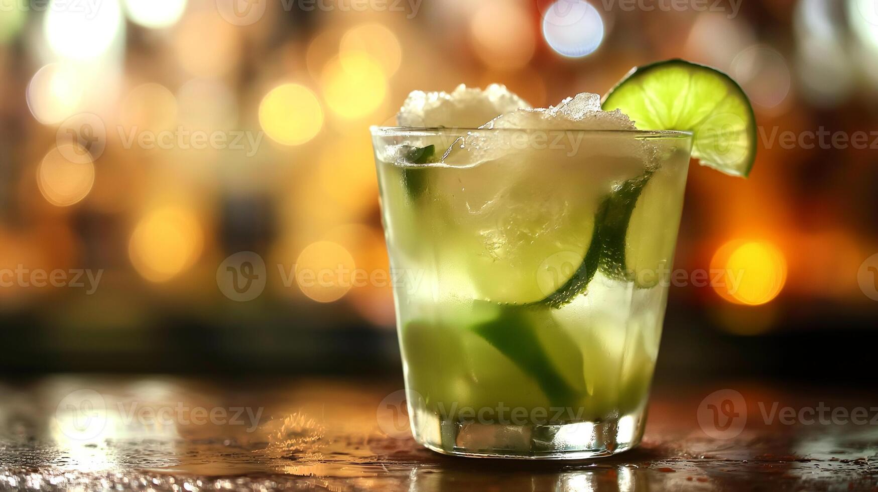 cocktail in the bar with a lime and ice on the table photo