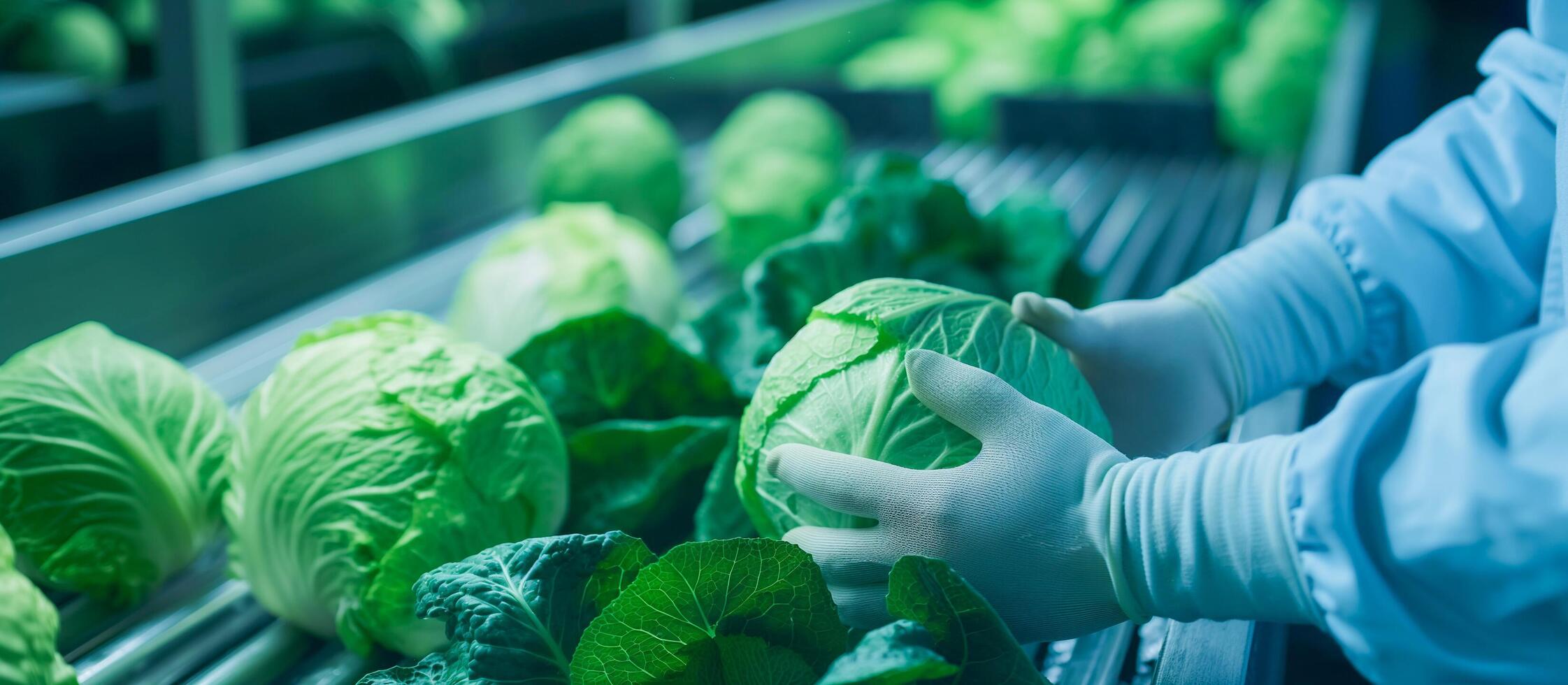 close up check cabbage on modern conveyor in industry plant vegetables photo