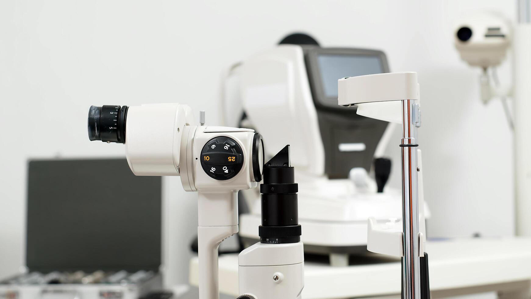 Ophthalmic laser system in eye surgery clinic. Laser treatmnet for myopia. The ophtalmology medical equipment. Eyes examination. Modern device. Laser eye vision correction photo