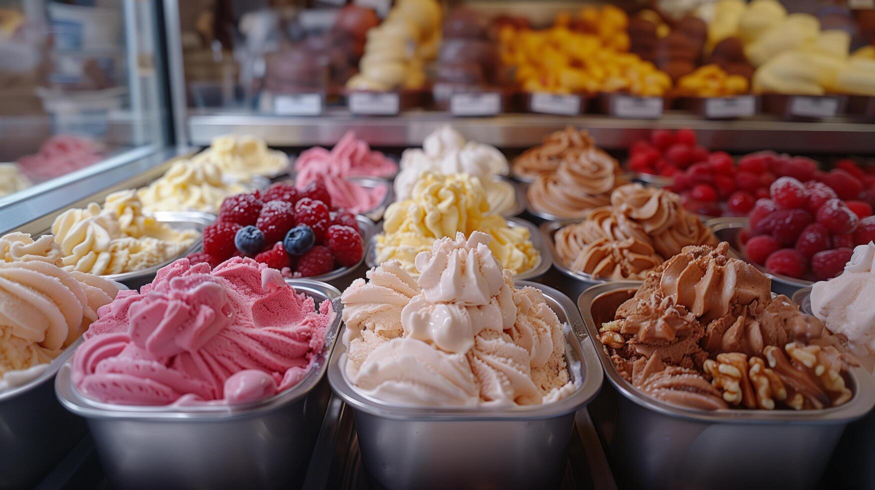 Assortment of fresh made Italian artisanal ice creams in refrigerator close up, dairy walnuts ice cream dessert. Boxes with different types and tastes of Italian natural gelato ice cream in a showcase photo