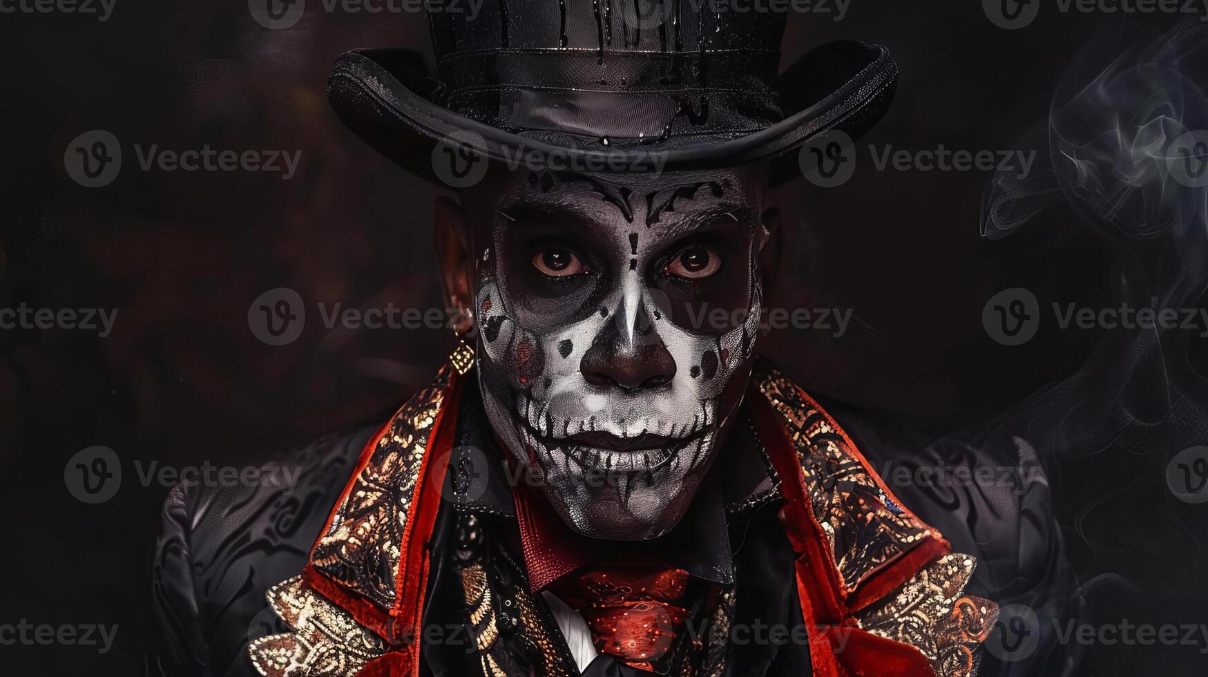 Frontal view portrait of Baron Samedi, dark and intense black background, oil painting style, detailed facial features, haunting eyes, elegantly sinister attire photo