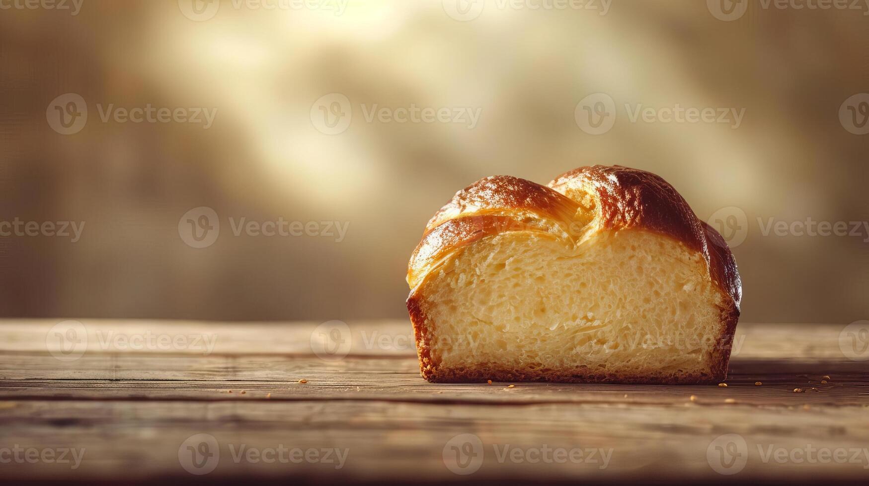 Long shot of a single slice of golden-brown Challah bread on a rustic wooden table photo