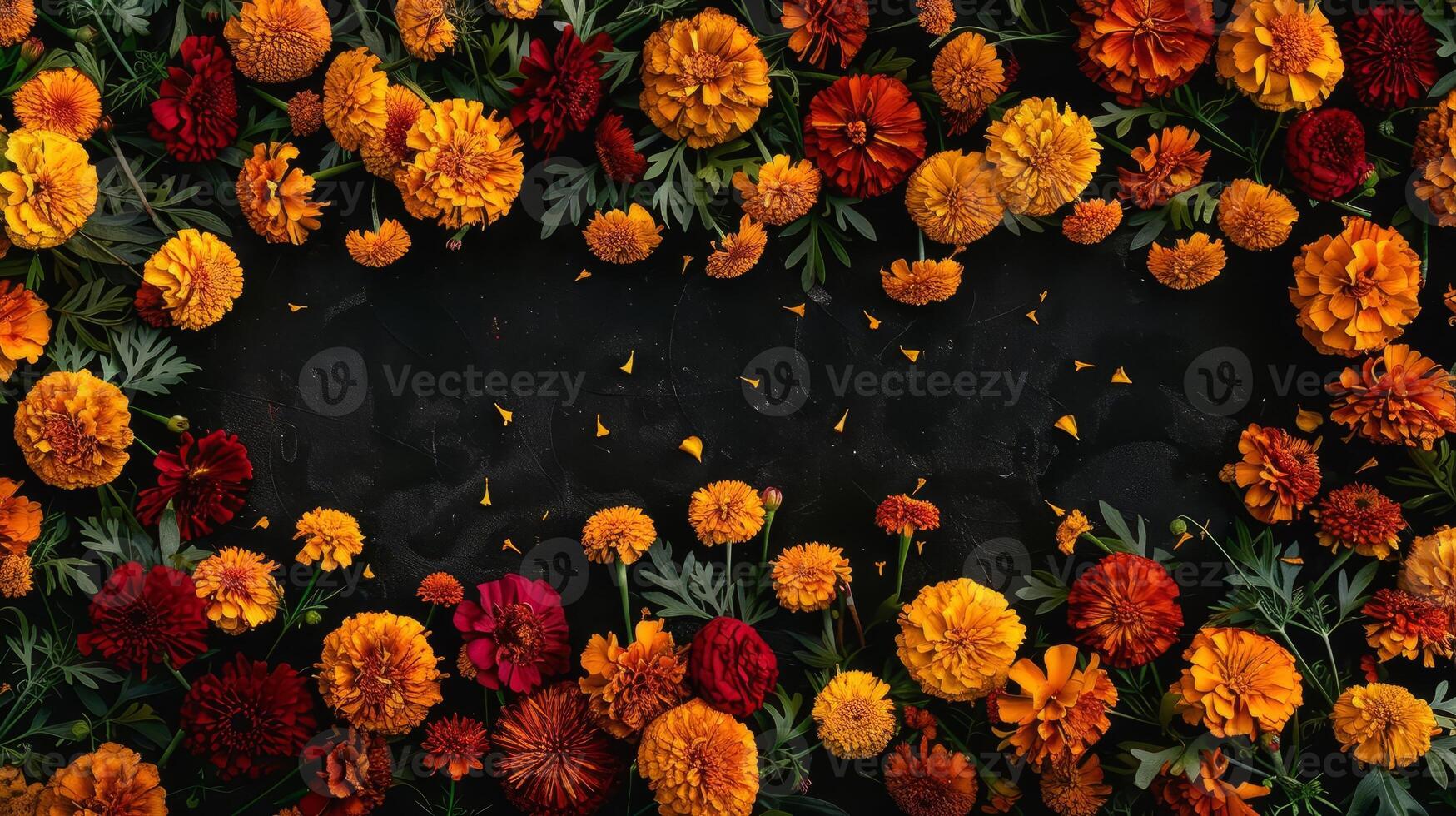 Black background showcasing garlands of marigolds from a worms-eye view, detailed with rich colors and a Day of the Dead theme, providing luxurious space for copy photo