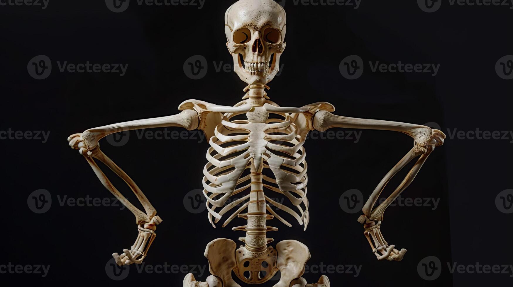Eye-level angle of a human skeleton, striking a strong superhero pose with fists on hips, isolated on a black background photo