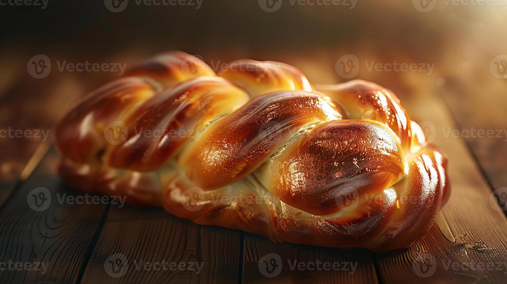 Tilted angle view, freshly baked homemade Challah bread, golden brown crust, soft texture visible, warm lighting, photorealistic detail, inviting and sumptuous photo