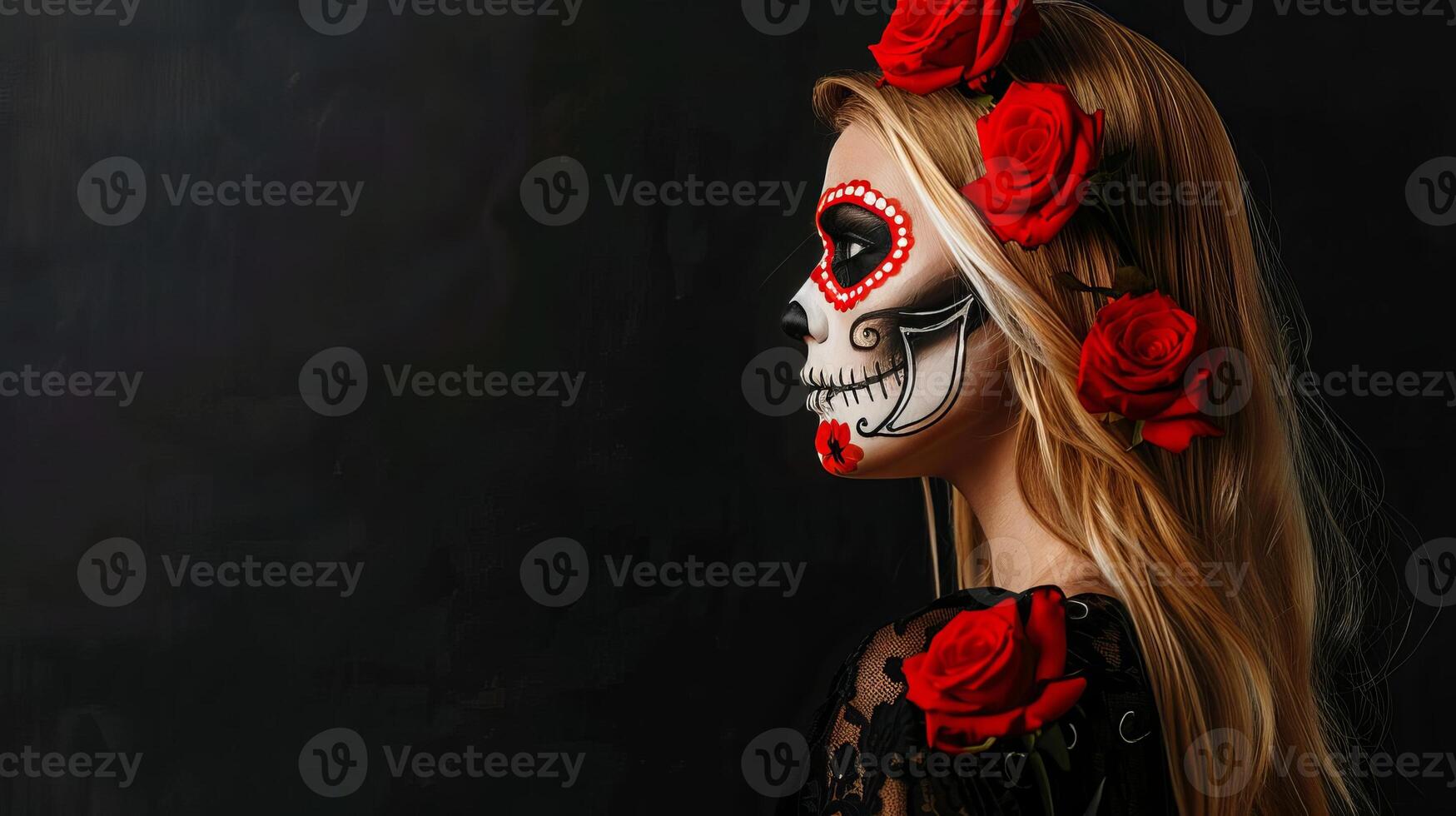 Elegantly lit side view of a blond model wearing intricate Sugar Skull makeup, red roses, and a stark black background, oil painting effect, abundant copyspace for text integration photo