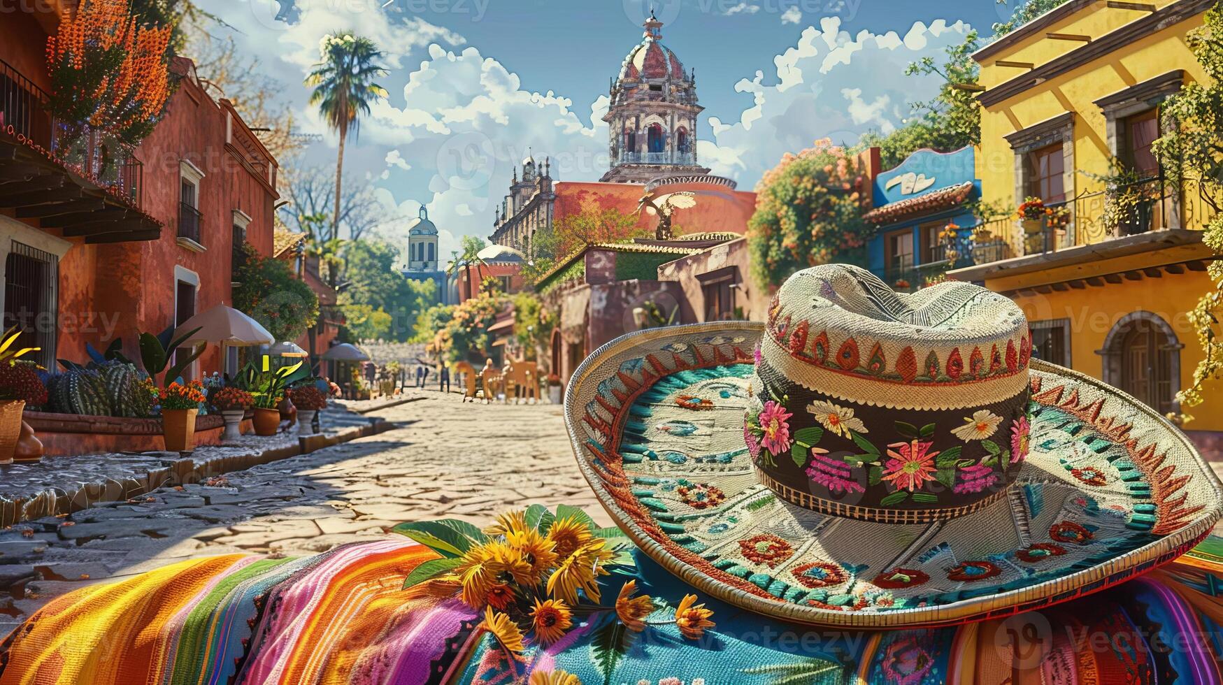 Photorealistic image of a detailed Mexican sombrero with elaborate embroidery photo