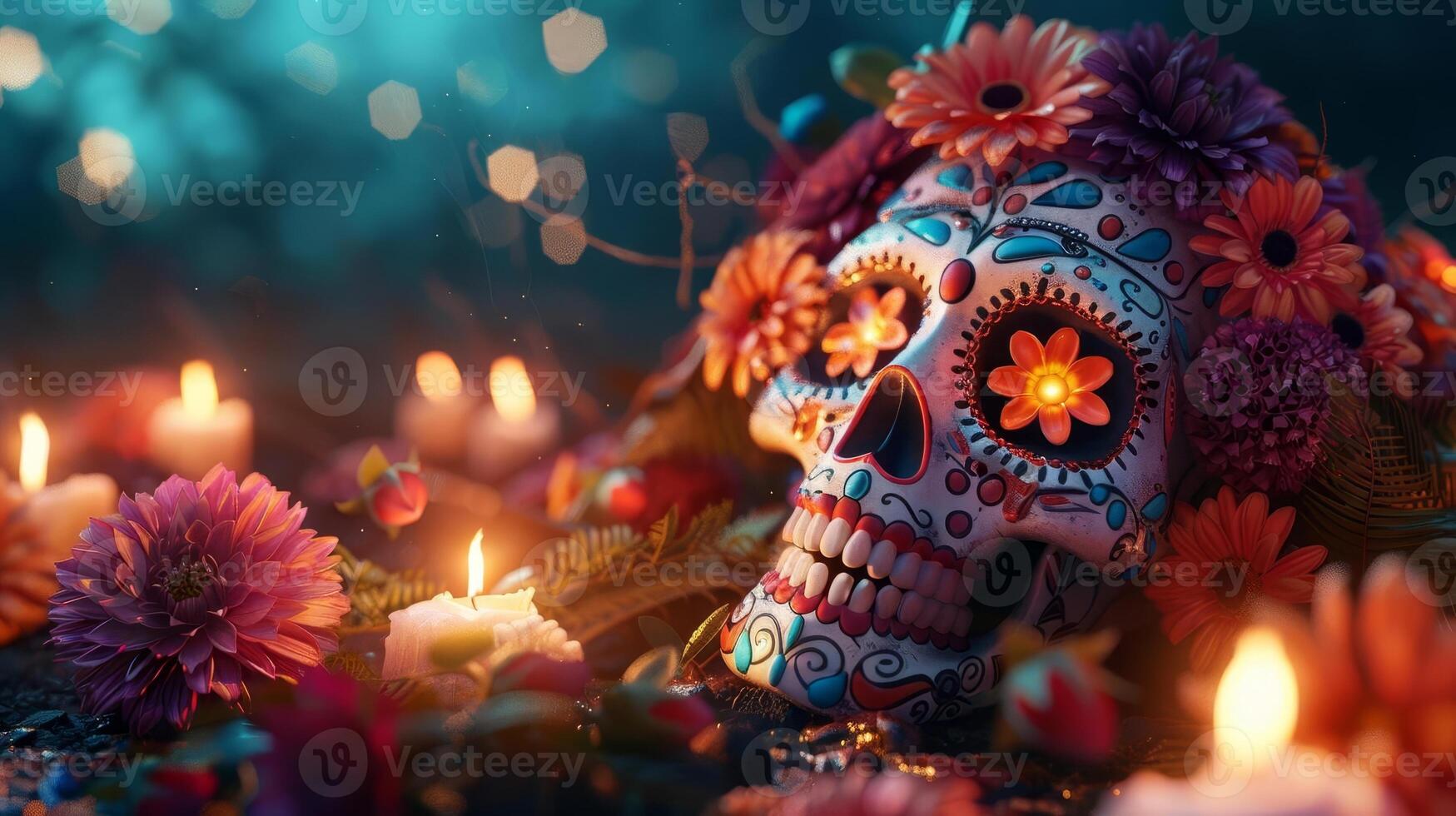Tilted view of a whimsically painted skull, illuminated by burning candles, adorned with colorful Day of the Dead flowers, dark, moody background providing copyspace, CG 3D rendering photo