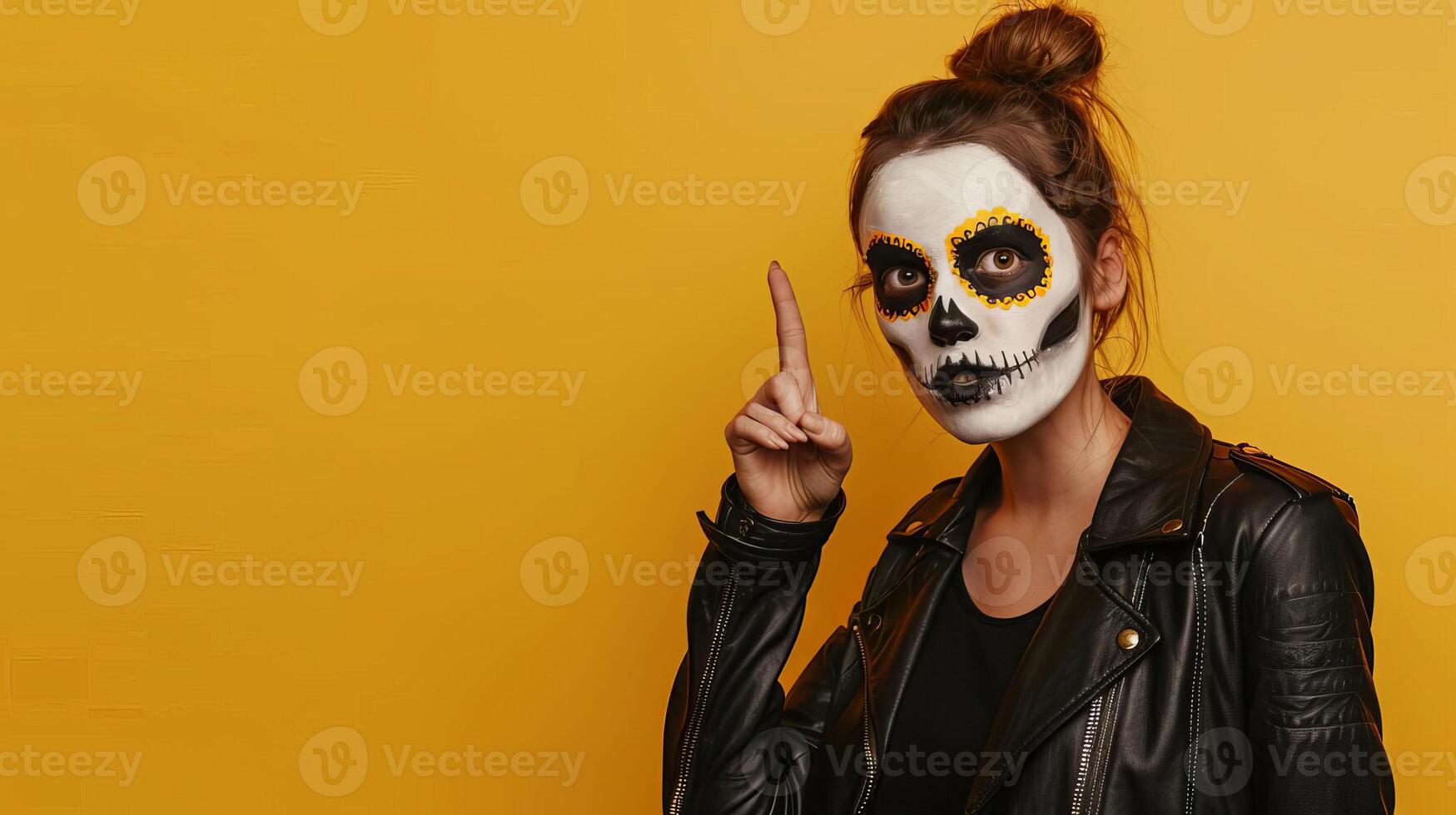 Close-up shot of a female with white clay skull makeup, wearing black clothes, pointing away into blank space, set against a vivid yellow background, spooky Halloween theme, photorealistic photo