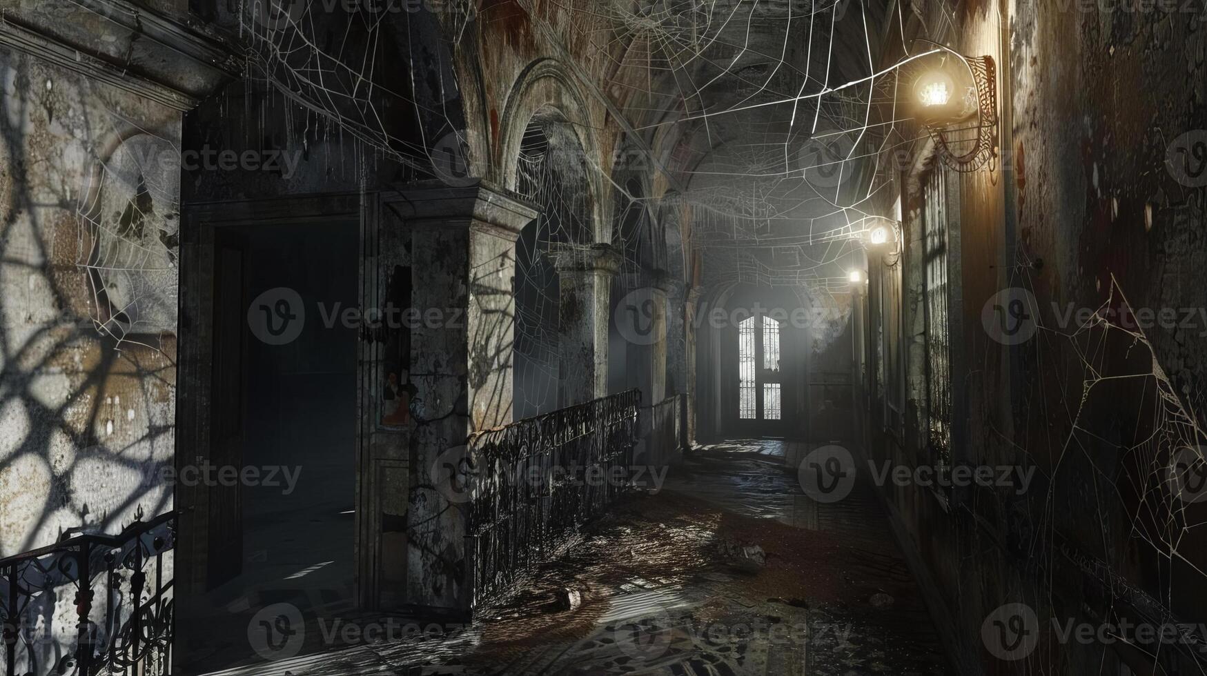 A photorealistic eye-level angle of a creepy, dimly lit hallway with cracked walls and cobwebs, Halloween, background adorned with faint Day of the Dead motifs, shadows creating an eerie atmosphere photo