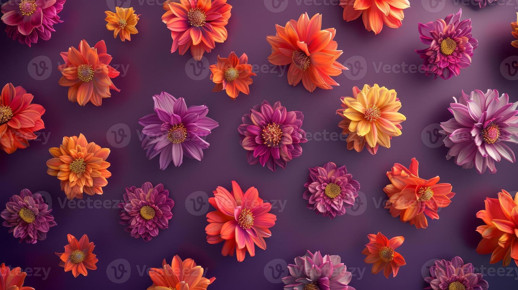 Aerial view of vibrant cempasuchil flowers, arranged in a captivating pattern, isolated on a rich purple background, photorealistic quality, vivid colors, intricate petal details photo