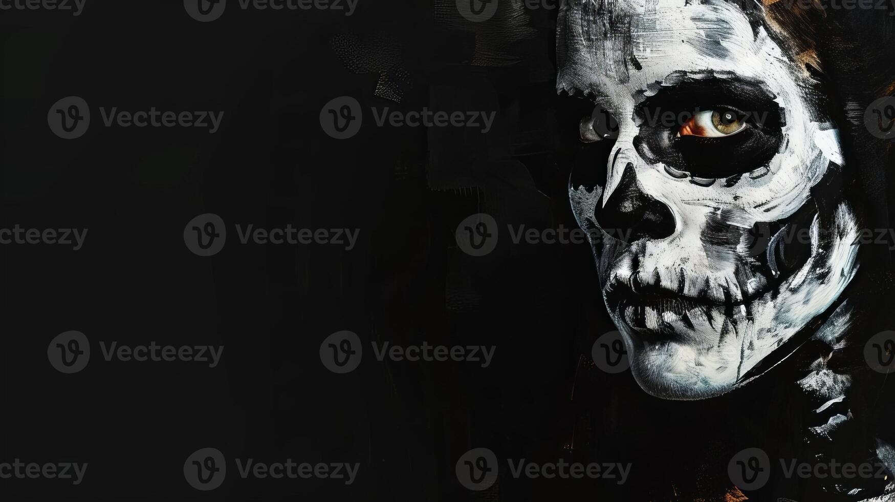 Panoramic view of a woman with skull makeup, set against a black background, with ample copy space, digital painting with a gothic style photo