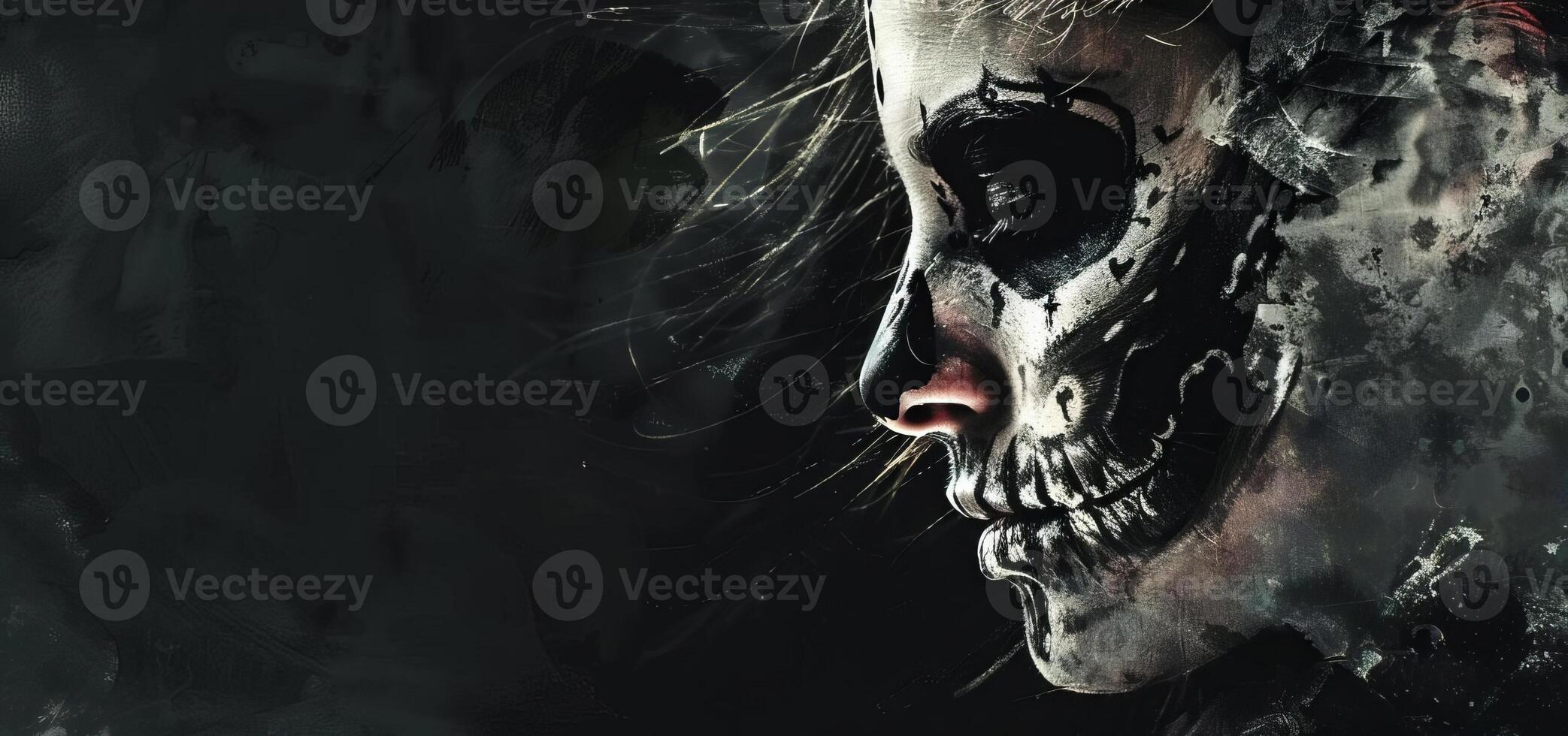 Panoramic view of a woman with skull makeup, set against a black background, with ample copy space, digital painting with a gothic style photo