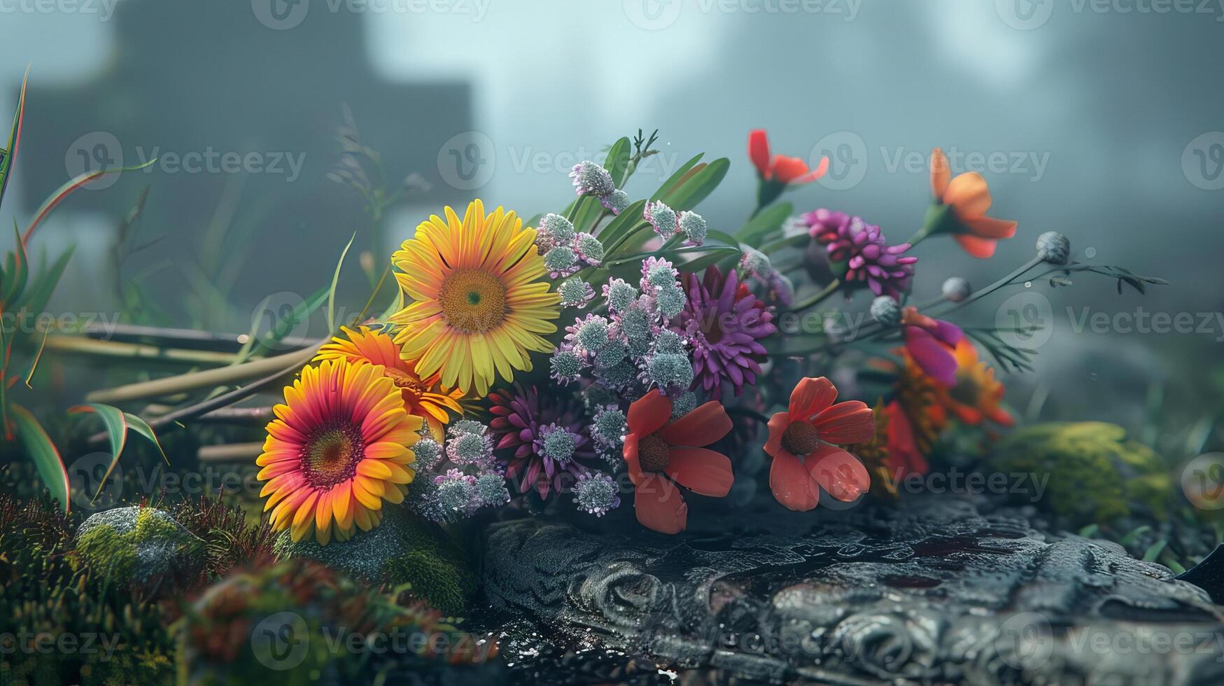 Close-up shot, somber bouquet of wilted flowers, withering petals laying on a cemetery stone, overcast sky, watercolor effect, delicate brushstrokes, deep emotional resonance, funeral concept photo