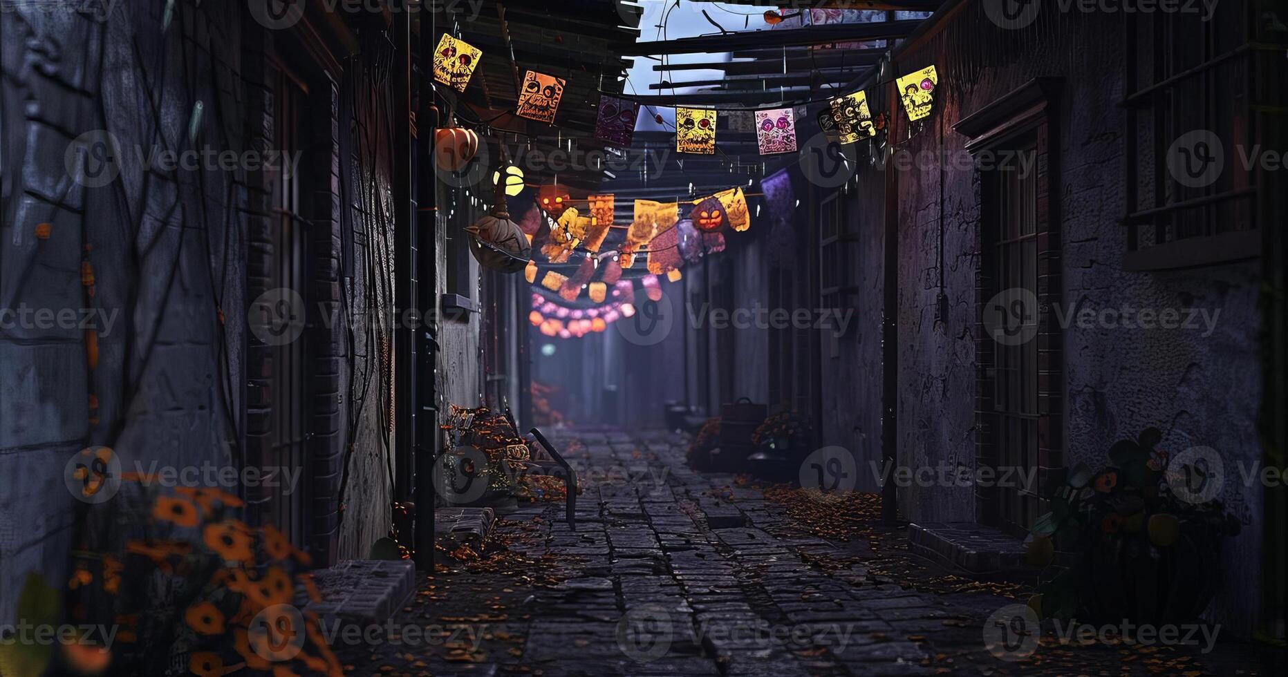 A CG 3D depiction of a gloomy, shadow-filled alleyway, eye-level perspective, spooky Day of the Dead, dark atmosphere, black space looming behind crumbling walls, capturing Halloween photo
