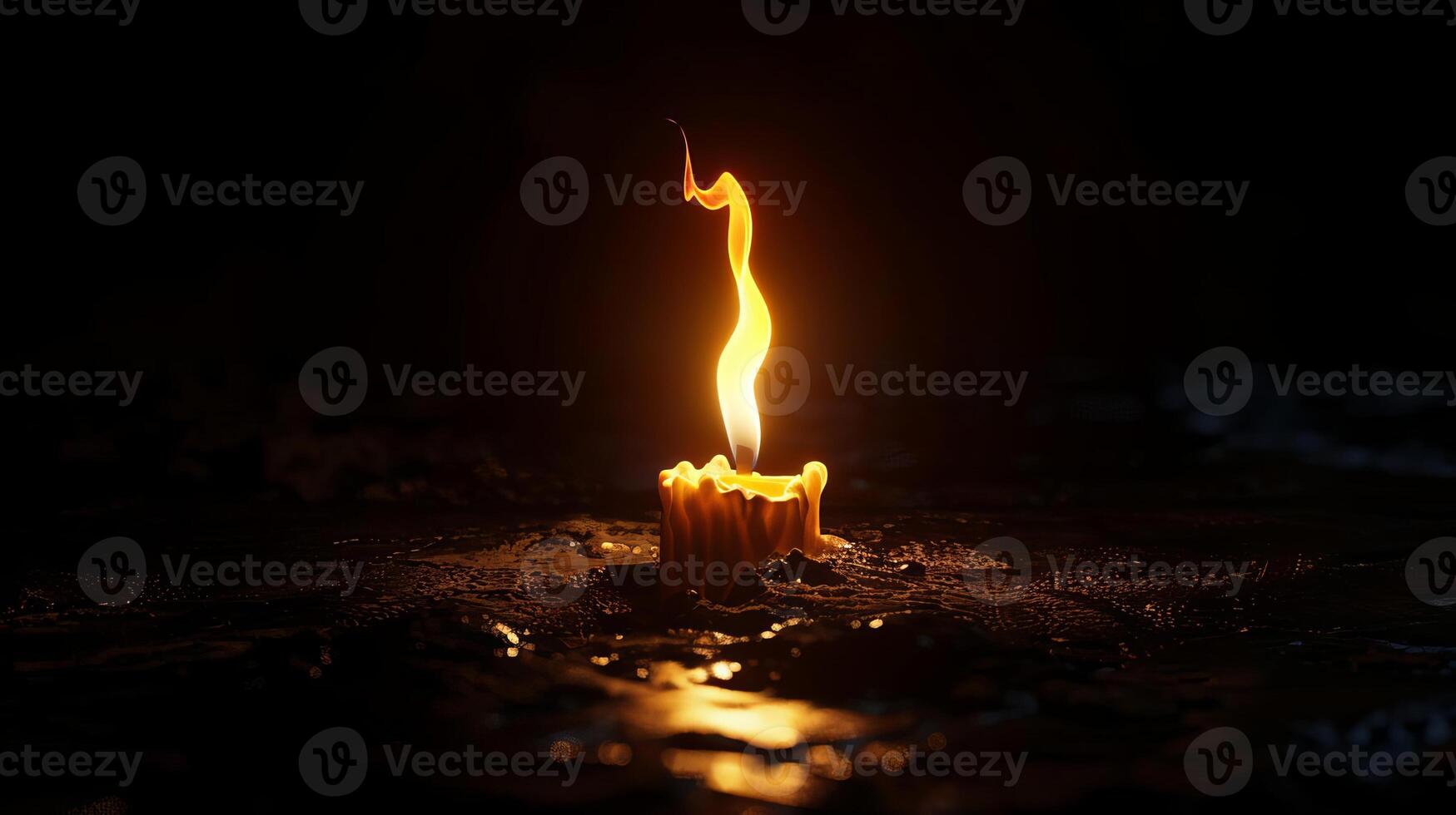 Low-angle view of a single burning candle, contrasted by a deep black background, plenty of copy space, digital CG 3D rendering, capturing intricate flame details photo