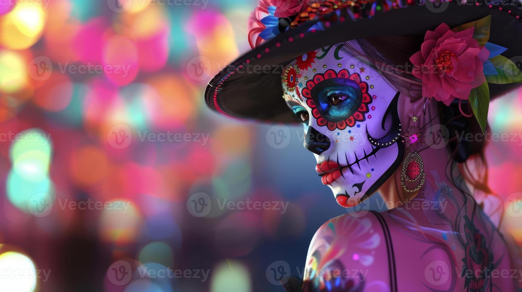 Tophat-adorned sugar skull girl, seen from the back, photorealistic rendering, blur background for depth, clear copyspace, detailed and vibrant, high resolution photo