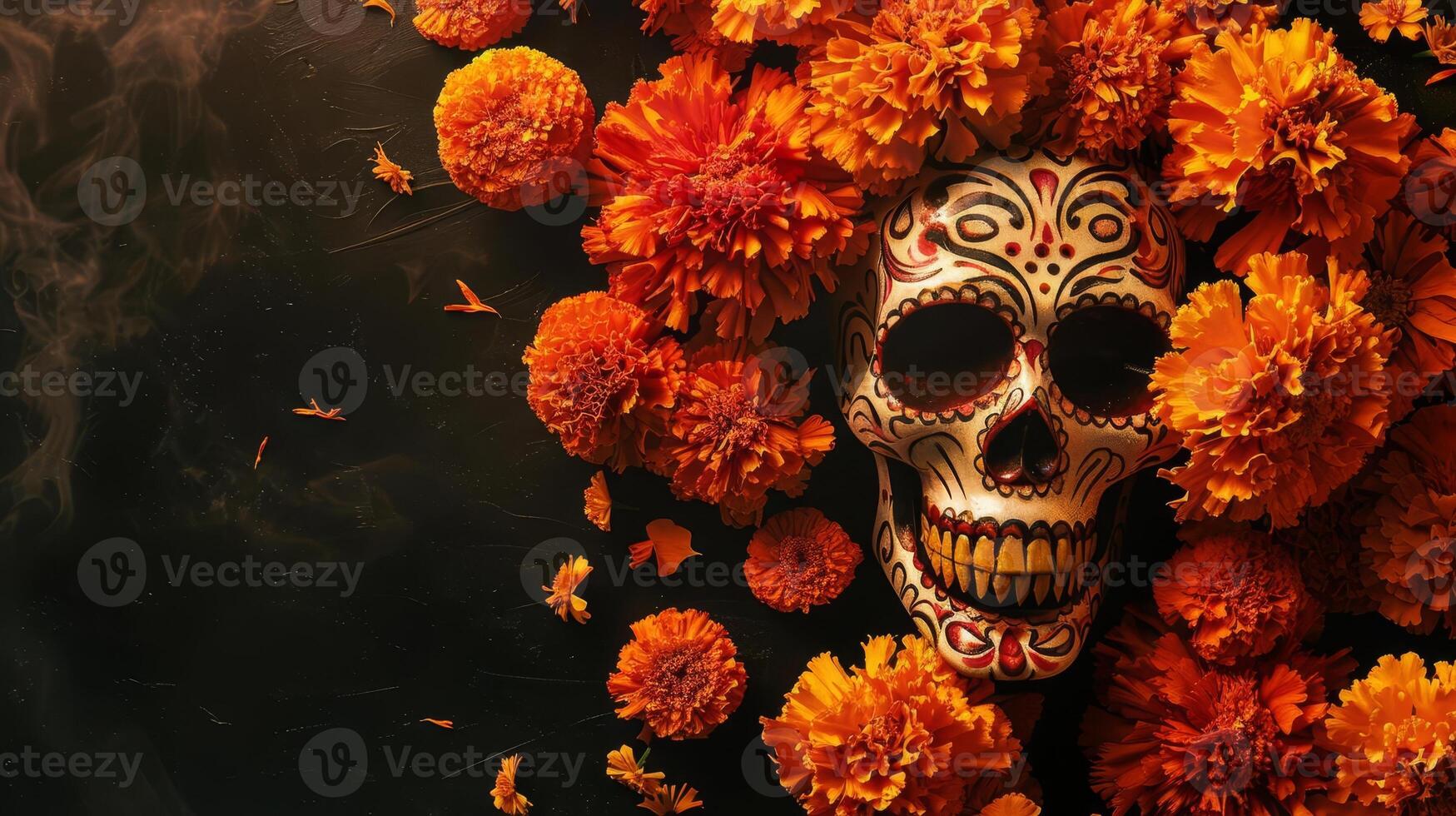 Black background showcasing garlands of marigolds from a worms-eye view, detailed with rich colors and a Day of the Dead theme, providing luxurious space for copy photo