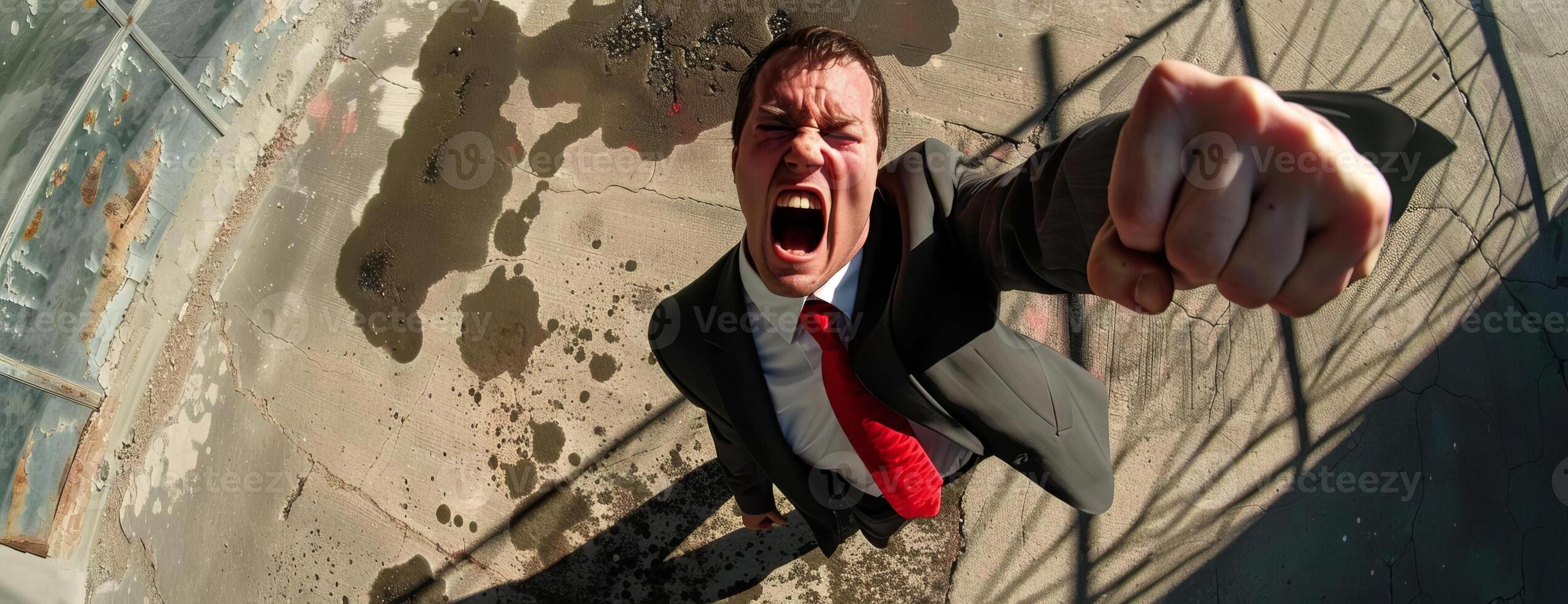 A man in a suit is standing on a rooftop, looking down at the city below photo