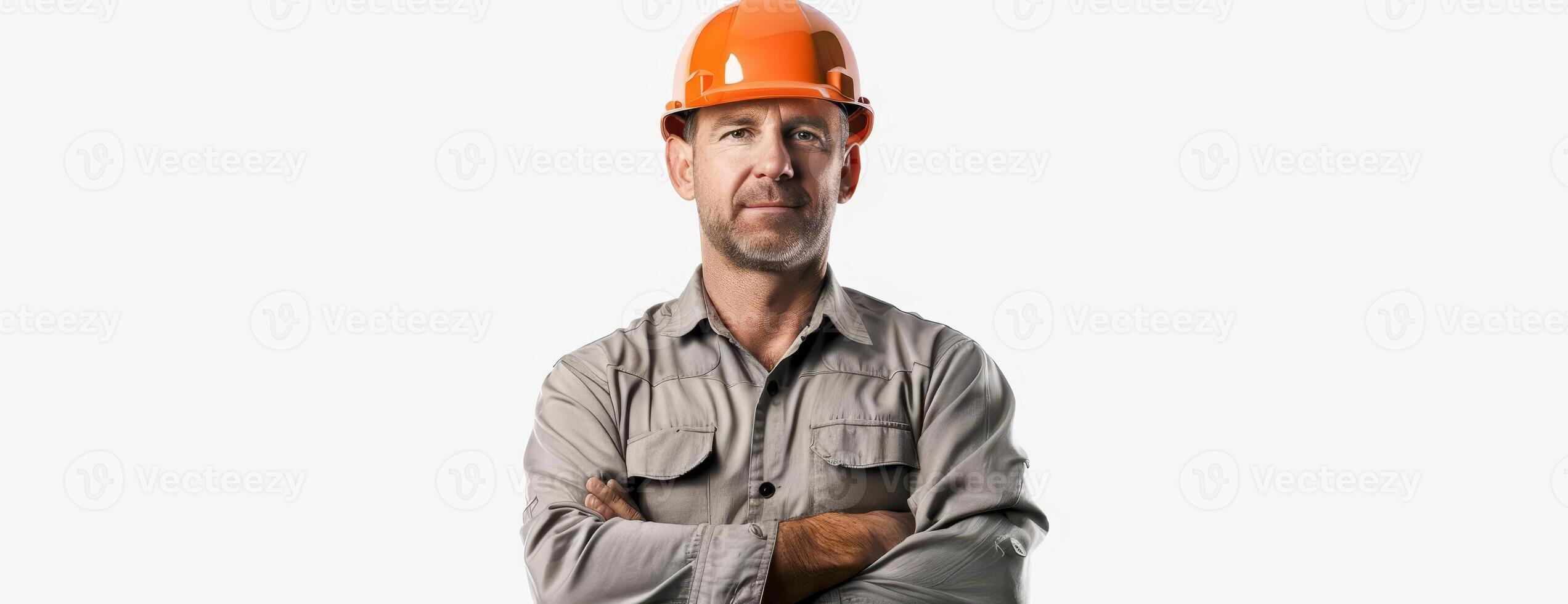 A construction worker in a hard hat is standing with his arms crossed. He is wearing a khaki shirt and jeans. He has a serious expression on his face. photo