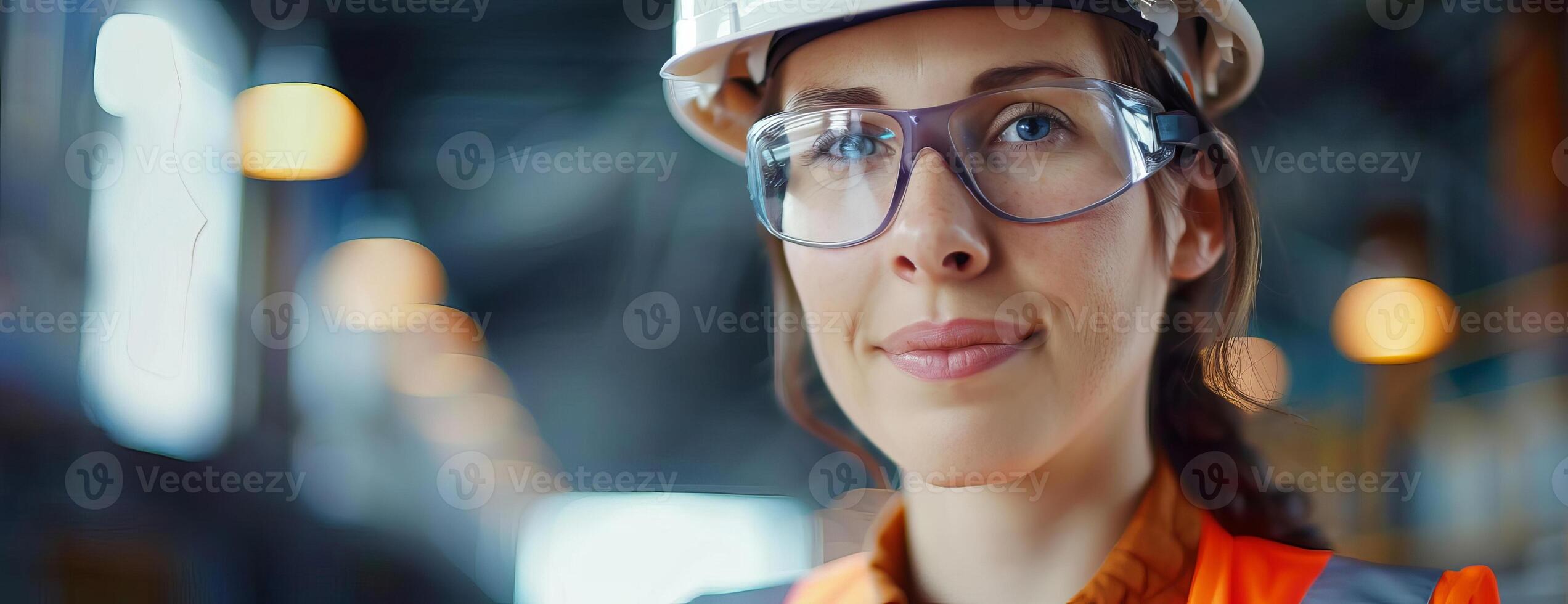 A young female engineer wearing a hard hat and safety glasses is smiling at the camera. She is standing in a factory and there are machines and equipment in the background. photo