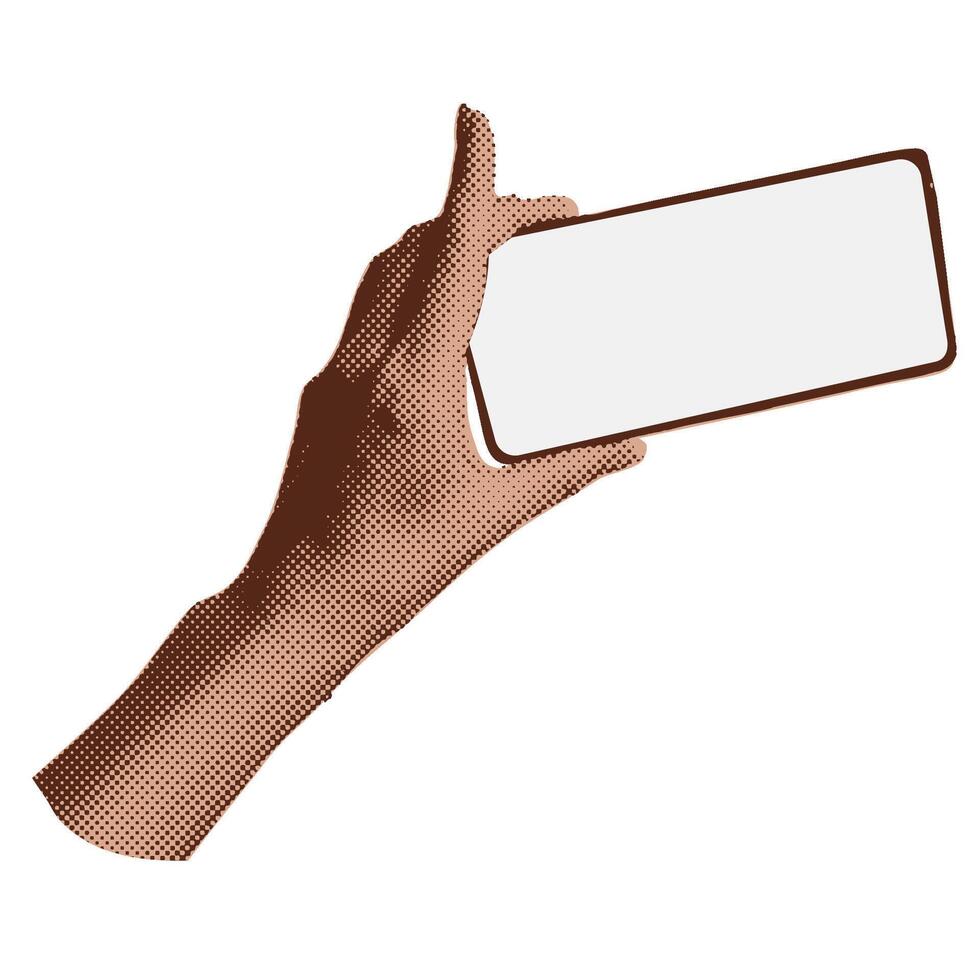 Halftone collage phone in left hand. Hand holding phone with blank display isolated . illustration vector