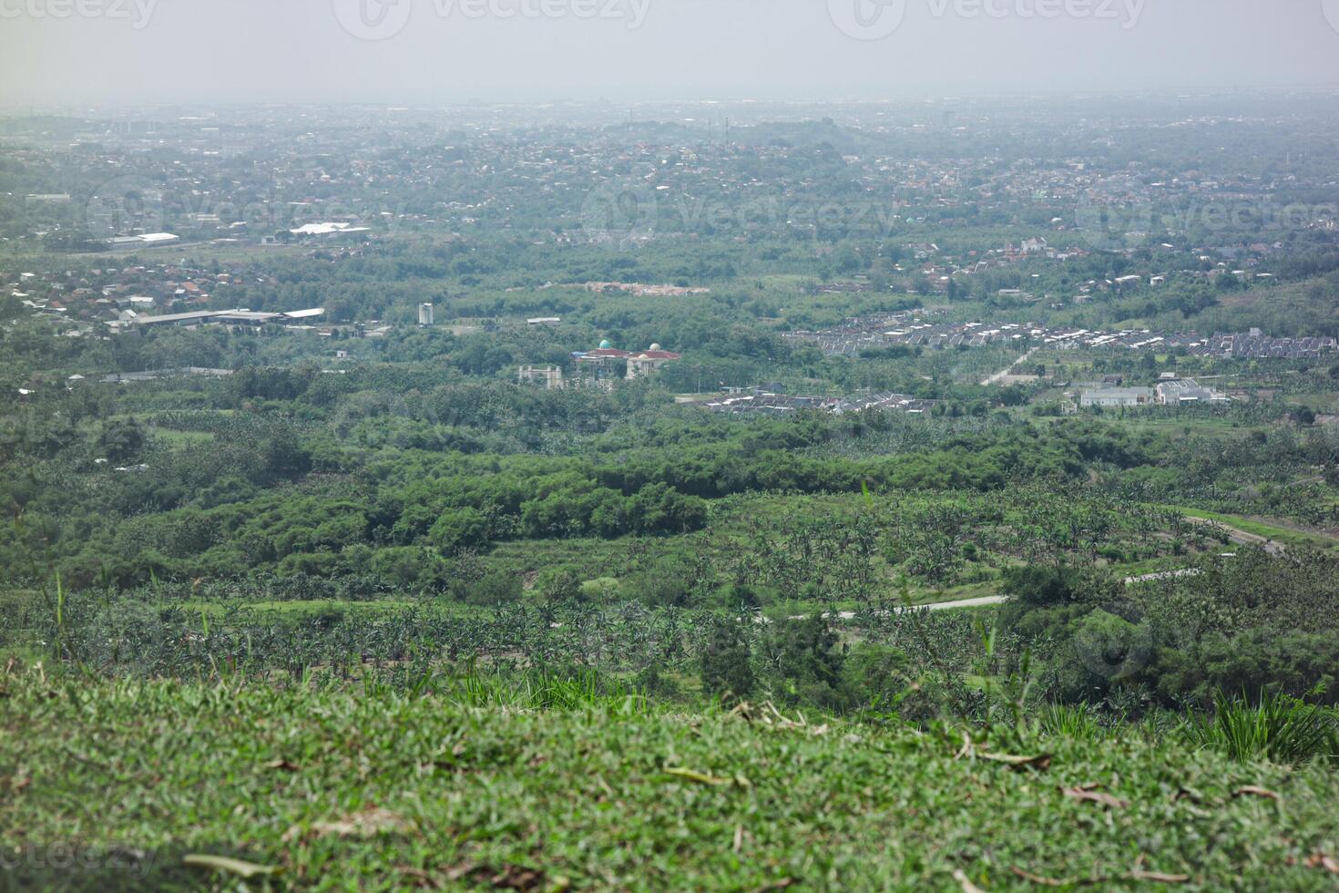 a panoramic view of a lush green landscape with a city in the distance. The scene is peaceful and serene, with a sense of tranquility and beauty. photo